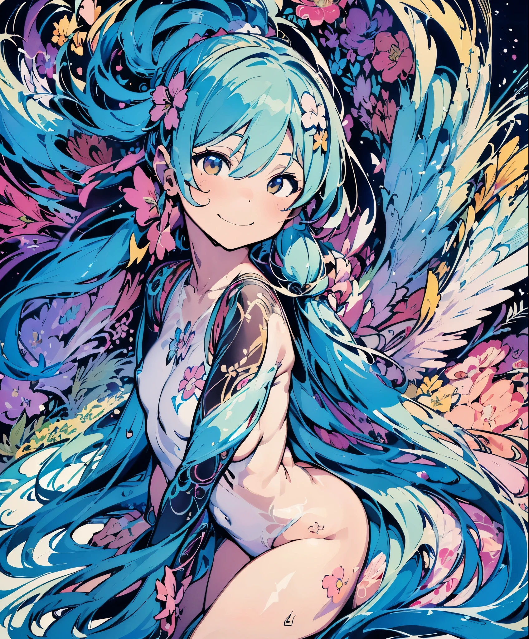 (masterpiece、highest quality、highest quality、official art、beautiful beautiful:1.2)、(1 girl:1.3)Hatsune Miku、twin tails、adorable smile、very detailed、(fractal art:1.1)、(Colorful:1.1)(Floral:1.3)、most detailed、(zentangle:1.2)、(dynamic pose)、(abstract background:1.3)、(shiny skin)、(lots of colors:1.4)、、(Ear Nipple Ring)、(wing:1.5)、white background、See-Through Phoenix Leotard