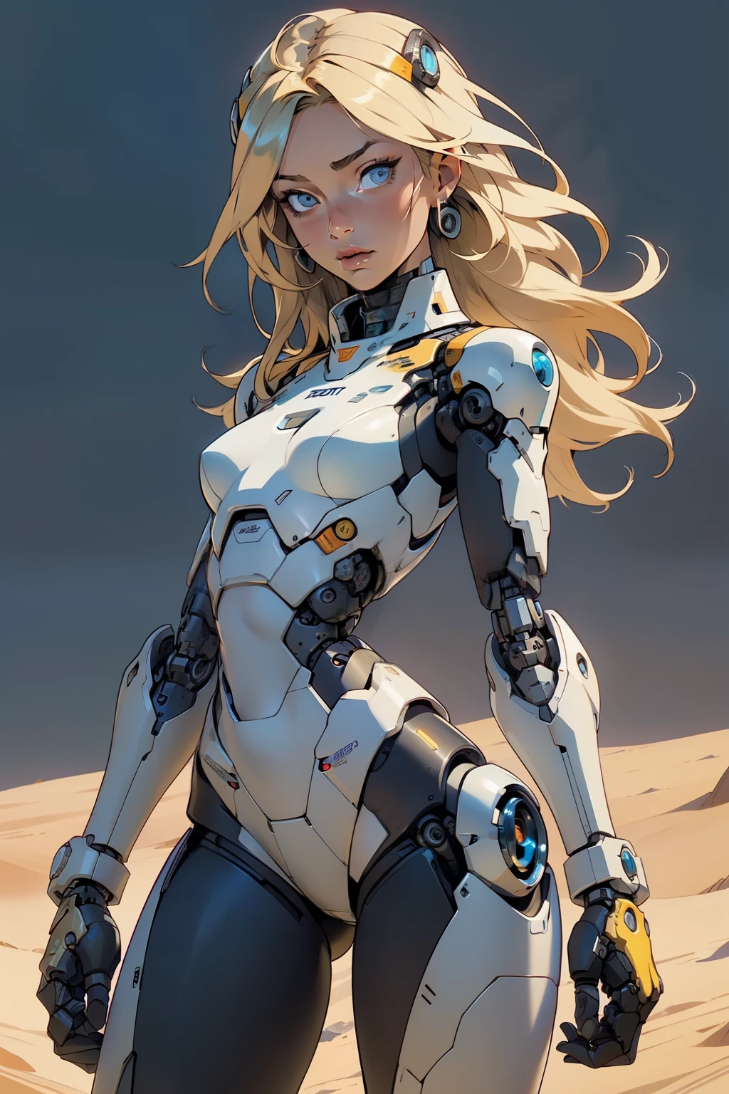 high quality, 4k, masterpiece, beautiful, cyborg girl, cowboy shot, dull eyes, looking at viewer, long blonde hair, girl, small breasts, slim thighs, robotic arms, robotic body, cyborg body, yellow accent, intricate detail, joint, detailed lines, robotic detail, holding fist up, holding hand up as fist, color robotic parts, robotic parts with color, perfect fingers, on a desert planet, sunny background, colorful desert,