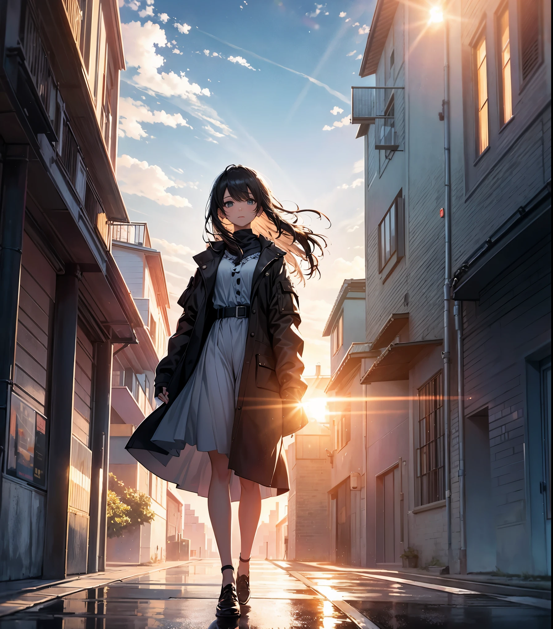 Masterpiece perfect art The girl looked at the sky where it was raining. In the middle of the sky, the sun shone dimly. The woman stood on the roof of a tall building. The atmosphere of light and color is beautiful and mesmerizing.