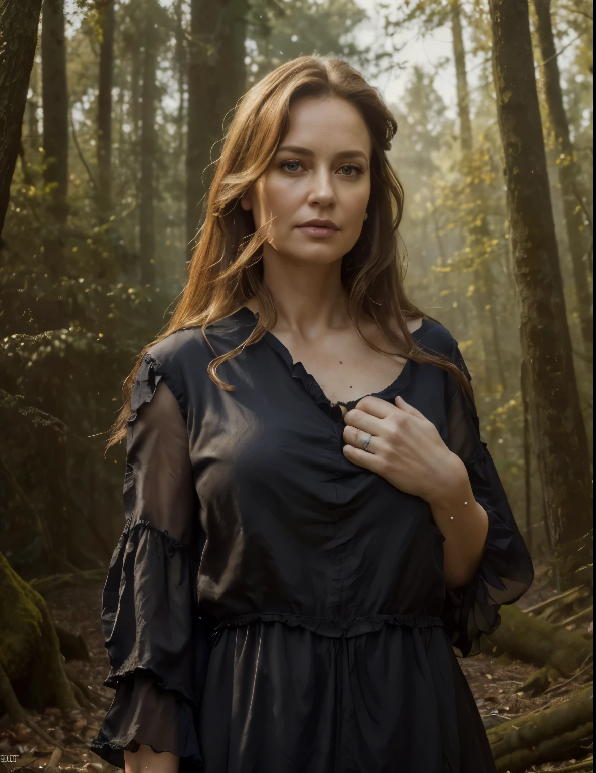 (best quality,4k,8k,highres,masterpiece:1.2),ultra-detailed,(realistic,photorealistic,photo-realistic:1.37),oil portrait,38-year-old,pensive,woman,dark,disheveled hair,straight hair,old,crumpled dress,daylight,sharp focus,deciduous forest,morning,raytracing