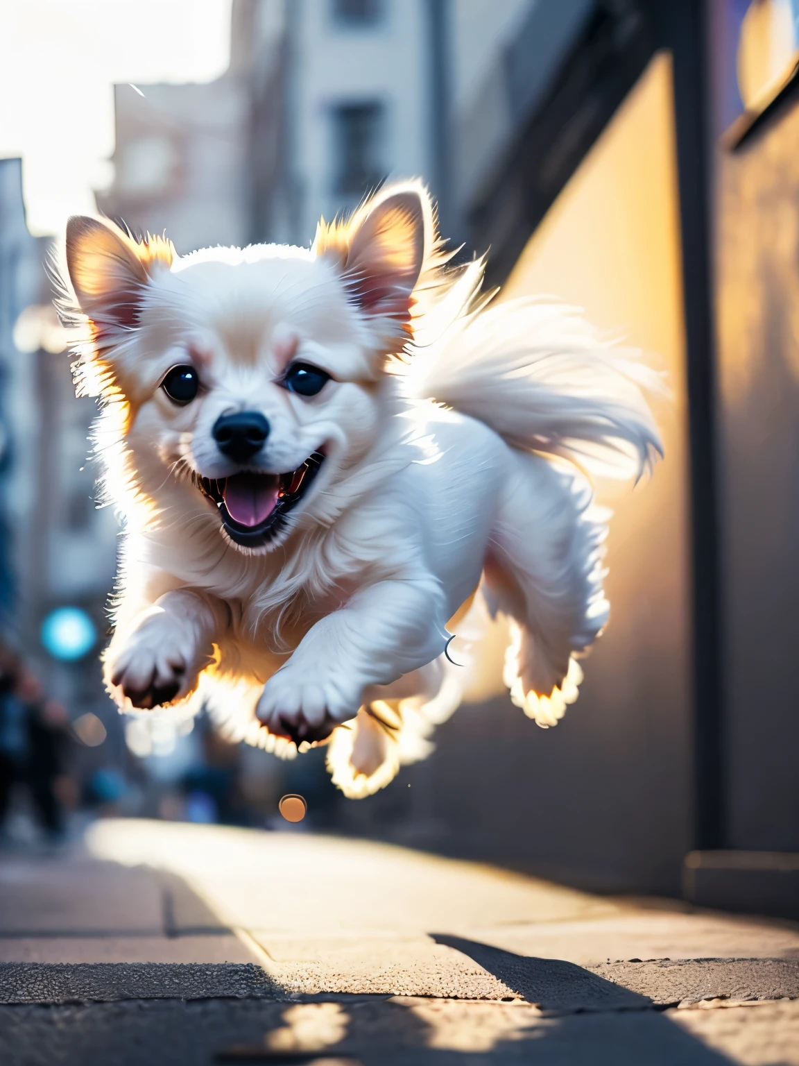 Close-up photo of a very cute jumping puppy on the street, white, soft volume light, (Backlight: 1.3), (movie: 1.2), intricate details, (art station: 1.3), rutkowski