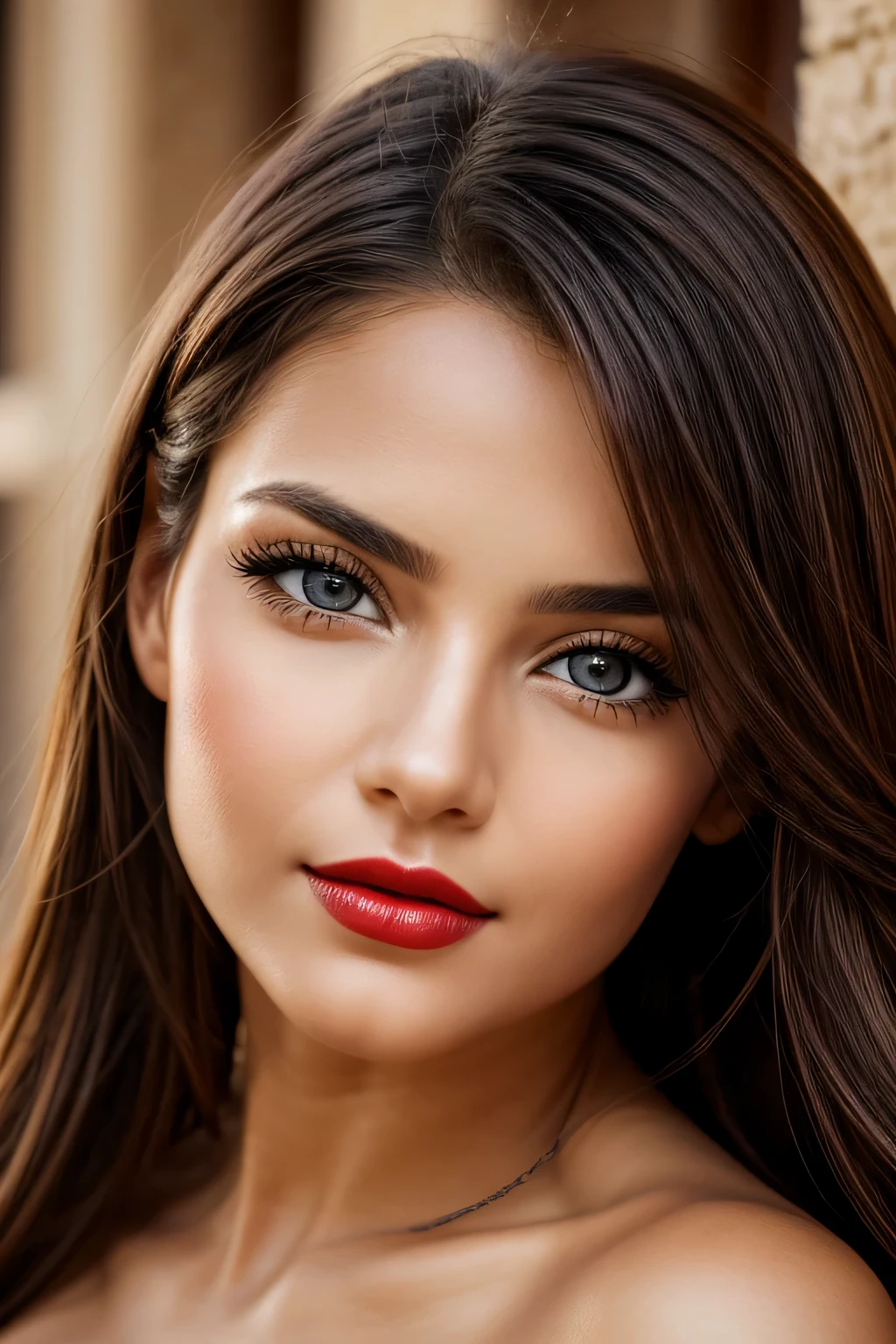 Detailed face of woman looking into camera, olhos azuis, warm thick red lips, boca separada com sensualidade, corrigir dedos deformados, fotorrealista, sharp eyes