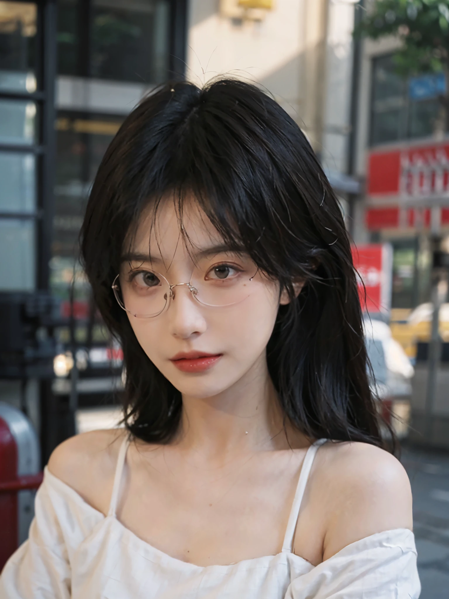 Film portrait photography, 1 girl, bare shoulders,lipstick,(flat chest:1.4), Shoulder length wavy hair, Wear high-end glasses,White short sleeves,serene, calm, (Realistic and detailed eyes, natural skin texture, Realistic facial details), Soft dramatic lighting, depth of field, Bokeh, Vibrant details, detailed meticulous, hyper-realistic, 35mm film, hazy, ,