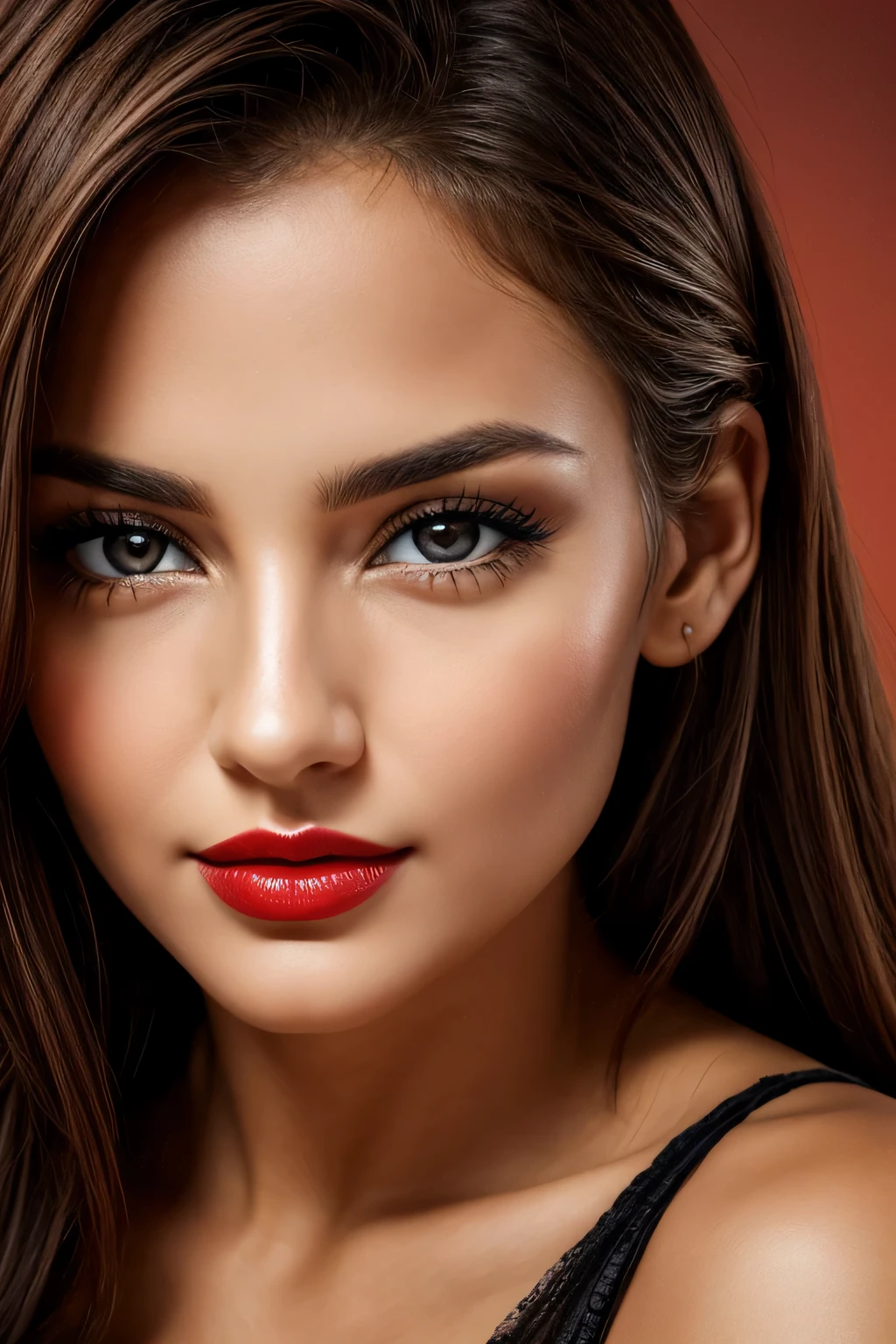 Detailed face of woman looking into camera, olhos azuis, warm thick red lips, boca separada com sensualidade, corrigir dedos deformados, fotorrealista, sharp eyes