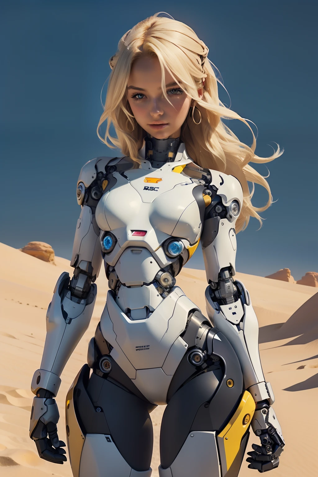 high quality, 4k, masterpiece, beautiful, cyborg girl, cowboy shot, dull eyes, looking at viewer, long blonde hair, girl, small breasts, slim thighs, robotic arms, robotic body, cyborg body, yellow accent, intricate detail, joint, detailed lines, robotic detail, holding fist up, holding hand up as fist, color robotic parts, robotic parts with color, perfect fingers, on a desert planet, sunny background, colorful desert,