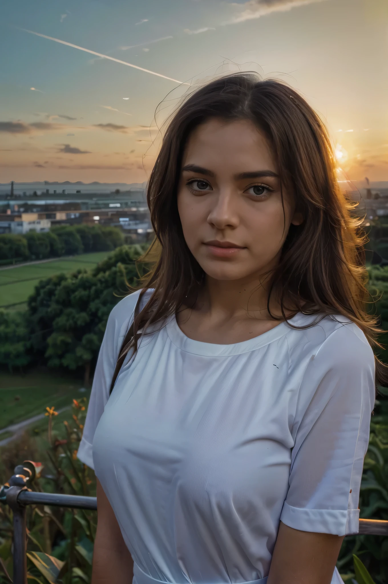 (medium quality, 1080 Megapixel, half resolution, half resolution:1.2), (Fachmann, Realist, fotorRealist:1.37), Latina Frau,looking into the sunrise, (entspannt, ruhig, friedlich), sunset, no visible hands, 