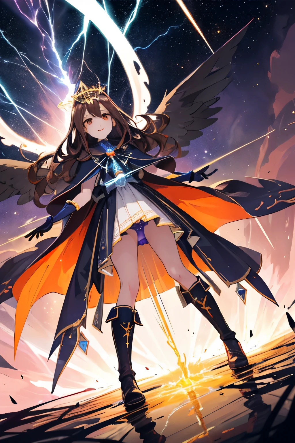 (((1girl))), ((best quality)), ((masterpiece)), ((ultra-detailed)), (illustration), (detailed light), (an extremely delicate and beautiful), (beautiful detailed eyes), (sunlight), ((extremely light)), ((extremely clothes)), (((hyper detail))),(((((front lighting))))),(((((front light))))),
((((quite adorable and much more erotic Warlock's robe with a brief skirt and magical tiara)))), (((Finest Ranked Warlock))),
,
((wavy long hair)), ((((dark brown hair)))), (((long hair))),
(((deep orange eyes))), (((tiny adorable angel wings))), (((angel halo))),
(((whole body))), aged 8 to 12, ((((())))),
((condescending expression)), ((mischievous smile with sexual satisfaction)), (((extra adorable))), (((((extra slender shape))))),
(((extremely beautiful detailed face))), (((surrounded by many planets in Space))),
(((((bravely attacking enemies by a spell of Divine Lightning Laser Stream of Final Heavenly Judgement))))), (((elegant magic boots))),
(((((Dutch angle))))), (((magical colored gloves))), ((transparent magical underskirt)), (a little bit exposed magical colored panties)