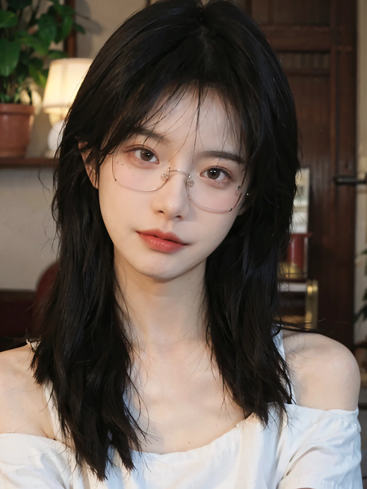 Film portrait photography, 1 girl, bare shoulders,lipstick,(flat chest:1.4), Shoulder length wavy hair, Wear high-end glasses,White short sleeves,serene, calm, (Realistic and detailed eyes, natural skin texture, Realistic facial details), Soft dramatic lighting, depth of field, Bokeh, Vibrant details, detailed meticulous, hyper-realistic, 35mm film, hazy, ,