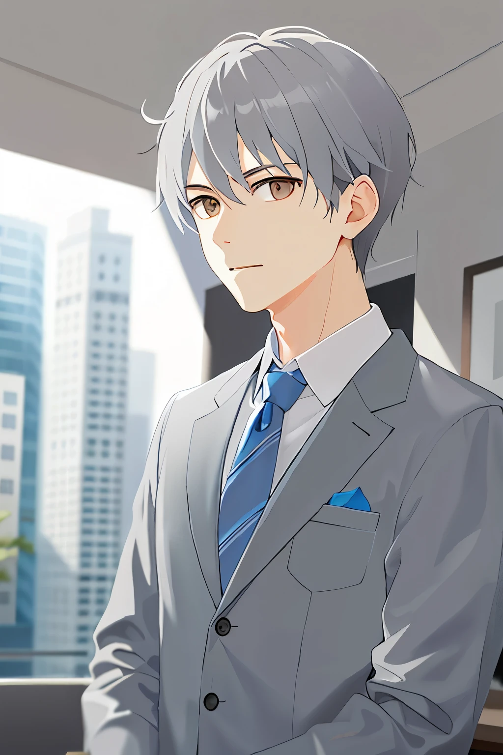 wearing a gray suit、Wearing a blue tie