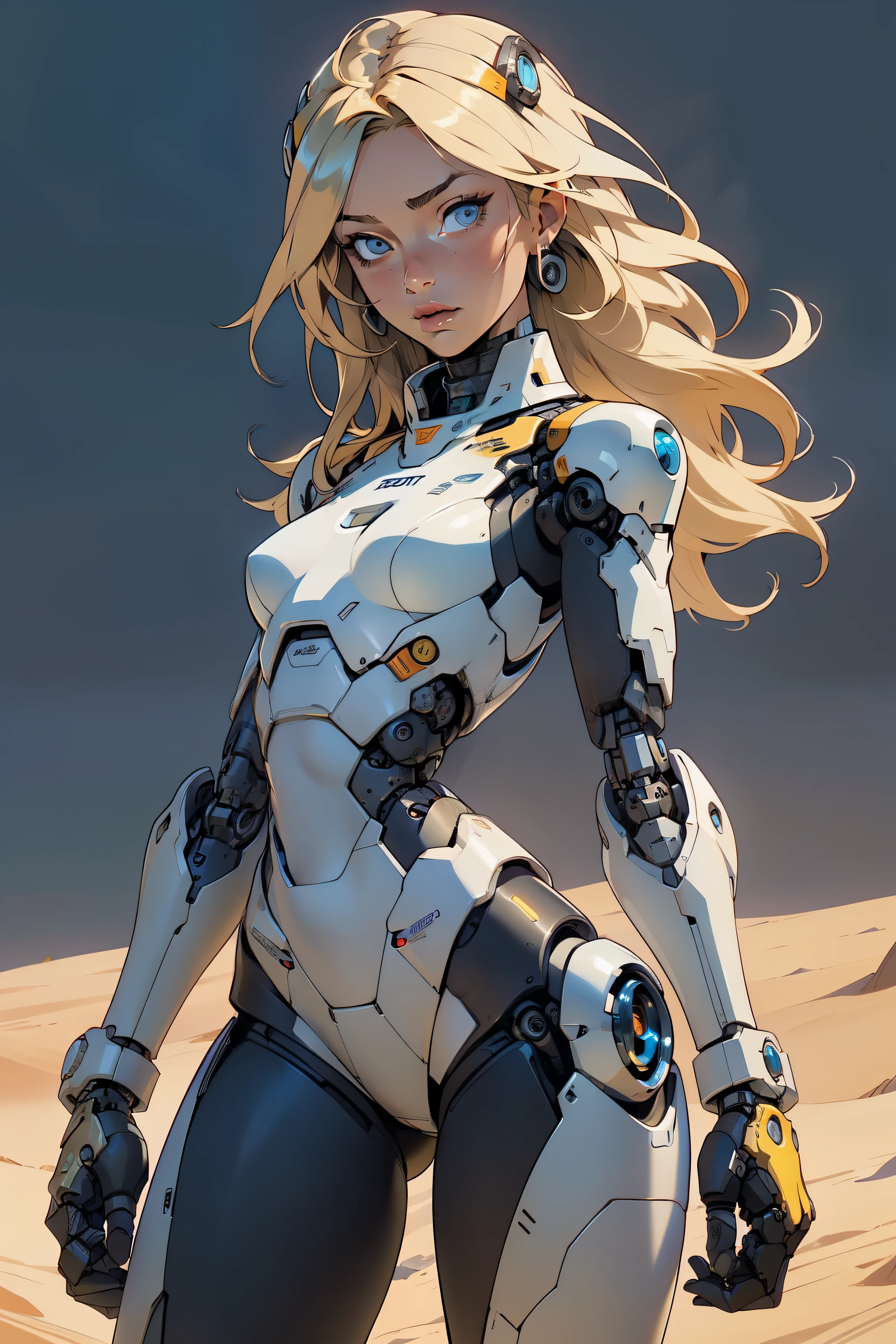 high quality, 4k, masterpiece, beautiful, cyborg girl, cowboy shot, dull eyes, looking at viewer, long blonde hair, girl, small breasts, slim thighs, robotic arms, robotic body, cyborg body, yellow accent, intricate detail, joint, detailed lines, robotic detail, holding fist up, holding hand up as fist, color robotic parts, robotic parts with color, perfect fingers, on a desert planet, sunny background, colorful desert,