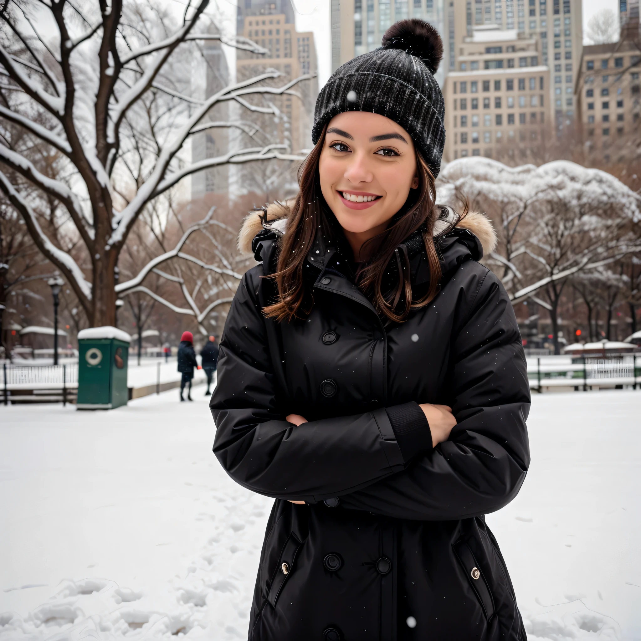 photorealistic, shot from a distant, best quality, hyper detailed, beautiful woman, full body, solo, wearing black winter coat and beanie, she is having fun in the snow in the central park in the New York City, daytime, big city, snowy, real life (cheerful, happy). analog style, looking at the viewer, skin texture, film grain, close up, ultra high res, best shadow, RAW, instagram LUT