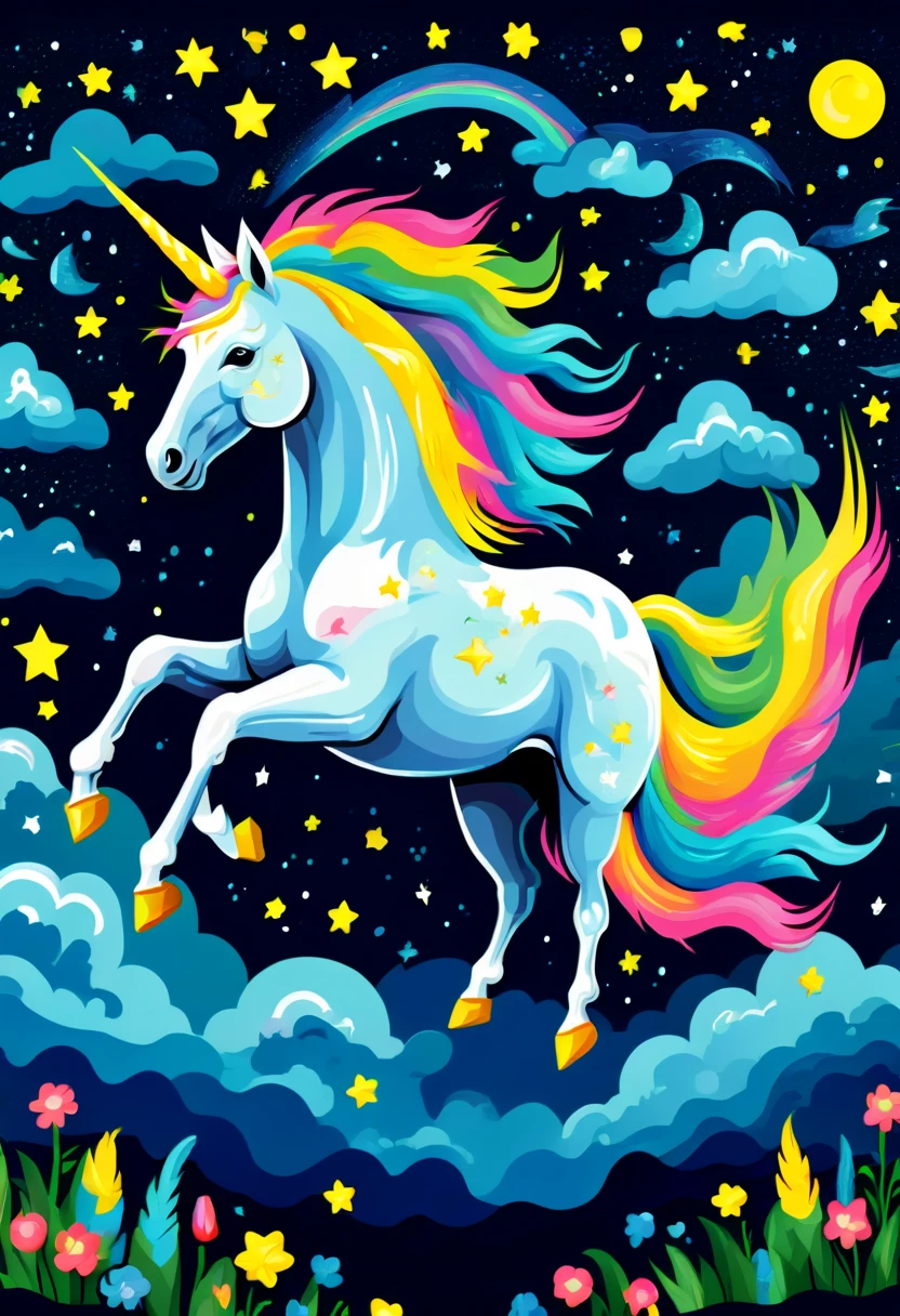 Professional t-shirt design vector, truly impressive, 8k, ultra high definition, Cute style illustration of 1 legendary unicorn, Colorful unicorns running in the night sky，isolated on black background，majestic and dreamy，stunning render，in shining connections，Magical elements，The is amazing，Beautiful dreamy rainbow、Multicast colorful spells、Bright flash, Vincent van Gogh《starry night》style of，Images should blend with rotation, 活泼可爱的“starry night”风格, whimsical aesthetic.