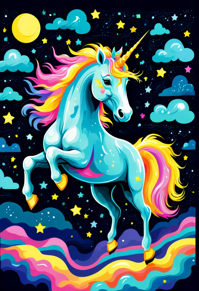 Professional t-shirt design vector, truly impressive, 8k, ultra high definition, Cute style illustration of 1 legendary unicorn, Colorful unicorns running in the night sky,isolated on black background,majestic and dreamy,stunning render,in shining connections,Magical elements,The is amazing,Beautiful dreamy rainbow、Multicast colorful spells、Bright flash, Vincent van Gogh《starry night》style of,Images should blend with rotation, 活泼可爱的“starry night”风格, whimsical aesthetic.