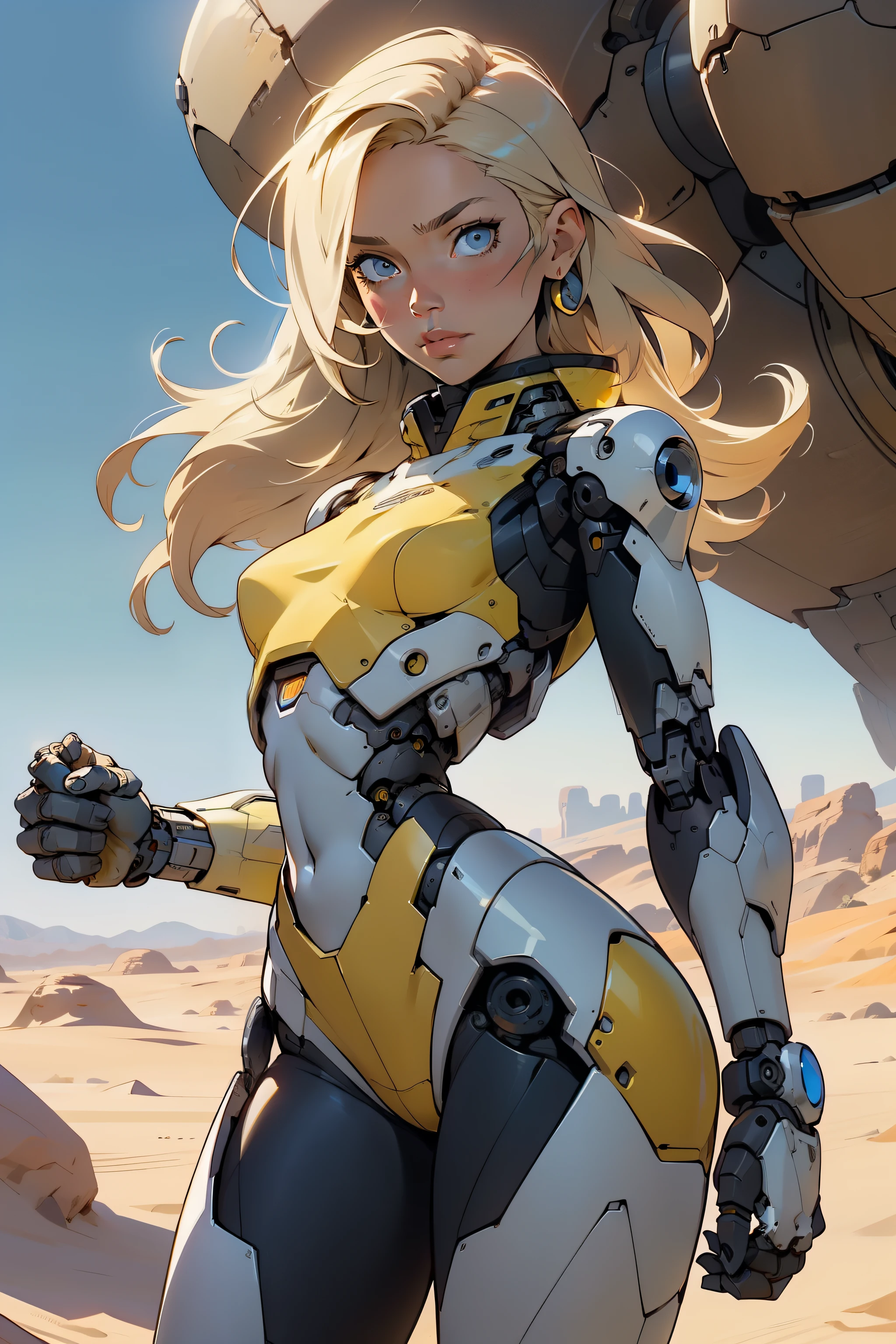 high quality, 4k, masterpiece, beautiful, cyborg girl, cowboy shot, dull eyes, looking at viewer, long blonde hair, girl, small breasts, slim thighs, robotic arms, robotic body, cyborg body, yellow accent, intricate detail, joint, detailed lines, robotic detail, holding fist up, holding hand up as fist, color robotic parts, robotic parts with color, perfect fingers, on a desert planet, sunny background, colorful desert,