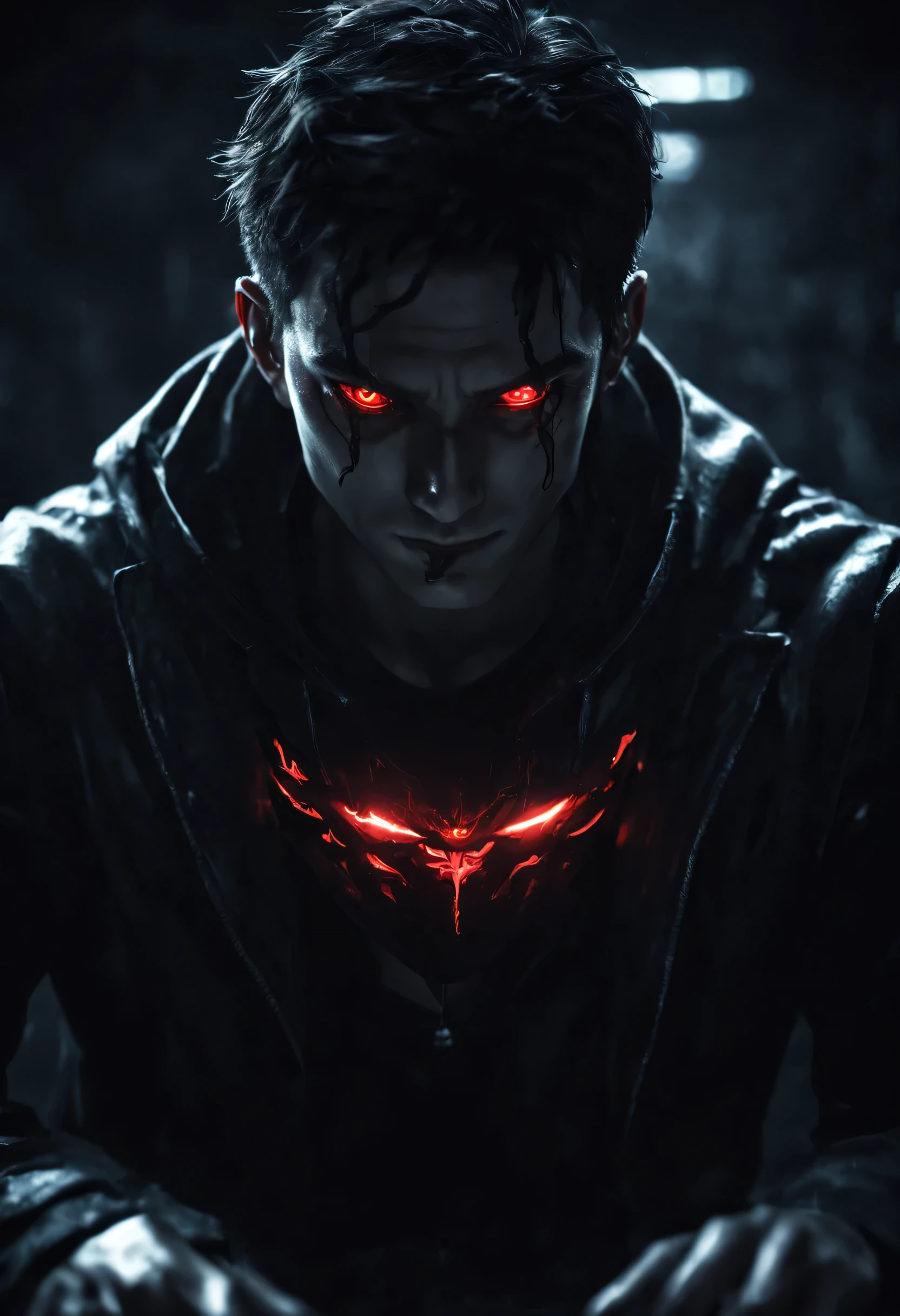 Anime man with a dark and brooding attitude, 真っ赤に輝く瞳とevil意ある笑みを浮かべて, Visible electric current flows through the body、hack powerful computer systems, As eerie shadows surround him、、, (evil:1.2), (dark and moody lighting), (eerie atmosphere), (Contrast between light and darkness)