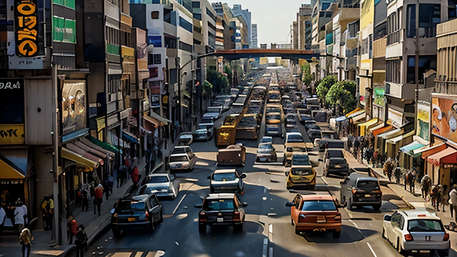 "Paint a vivid and dynamic scene of a bustling road in an African mega city during rush hour, capturing the chaotic harmony of diverse vehicles, vibrant street vendors, and the lively atmosphere that defines the urban pulse of the city."