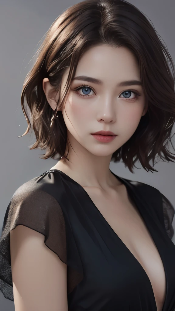 cinematic lighting、perfection、soft light、High resolution skin:1.2、realistic skin texture、30 year old mature woman、small face、no makeup、Bust B Cup、、Detailed beautiful eyes、short hair、dark brown hair、silk dress、cool pose、gray background