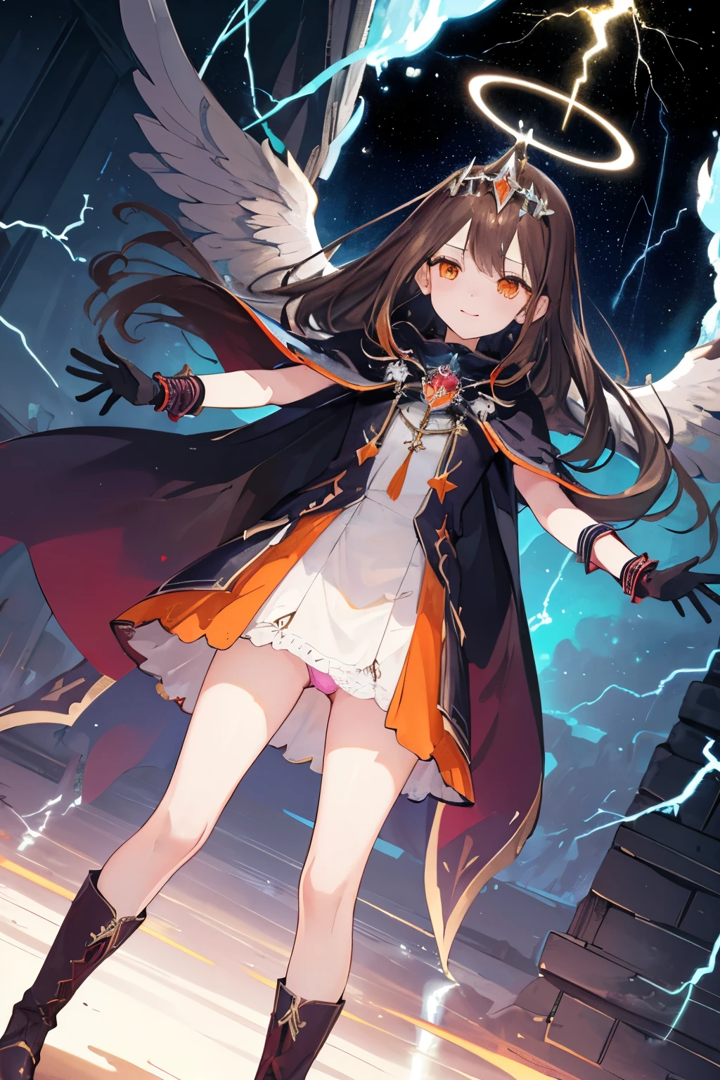 (((1girl))), ((best quality)), ((masterpiece)), ((ultra-detailed)), (illustration), (detailed light), (an extremely delicate and beautiful), (beautiful detailed eyes), (sunlight), ((extremely light)), ((extremely clothes)), (((hyper detail))),(((((front lighting))))),(((((front light))))),
((((quite adorable and much more erotic Warlock's robe with a brief skirt and magical tiara)))), (((Finest Ranked Warlock))),
,
((wavy long hair)), ((((dark brown hair)))), (((long hair))),
(((deep orange eyes))), (((tiny adorable angel wings))), (((angel halo))),
(((whole body))), aged 8 to 12, ((((())))),
((condescending expression)), ((mischievous smile with sexual satisfaction)), (((extra adorable))), (((((extra slender shape))))),
(((extremely beautiful detailed face))), (((surrounded by many planets in Space))),
(((((bravely attacking enemies by a spell of Divine Lightning Laser Stream of Final Heavenly Judgement))))), (((elegant magic boots))),
(((((Dutch angle))))), (((magical colored gloves))), ((transparent magical underskirt)), (a little bit exposed magical colored panties)