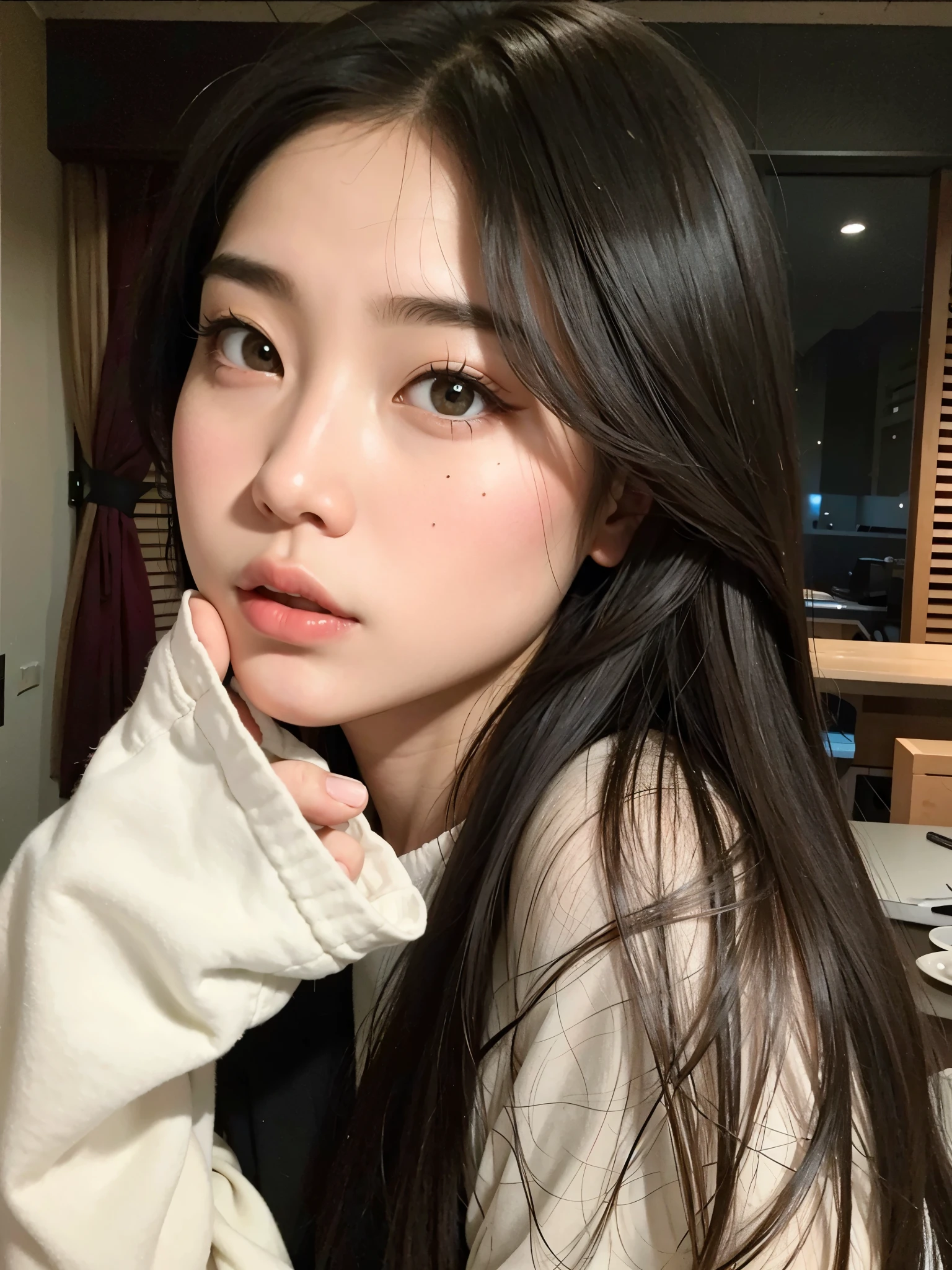 Hay una mujer con el pelo largo posando para una foto, muchacha coreana, ulzzang, joven y adorable rostro coreano, Young cute pale asian face, pale korean adorable face, hermosa mujer surcoreana, rasgos de la cara coreana, Southeast Asian with round face, hermosa joven coreana, chica linda-cara-fina, hermoso rostro estetico, maquillaje popular de corea del sur