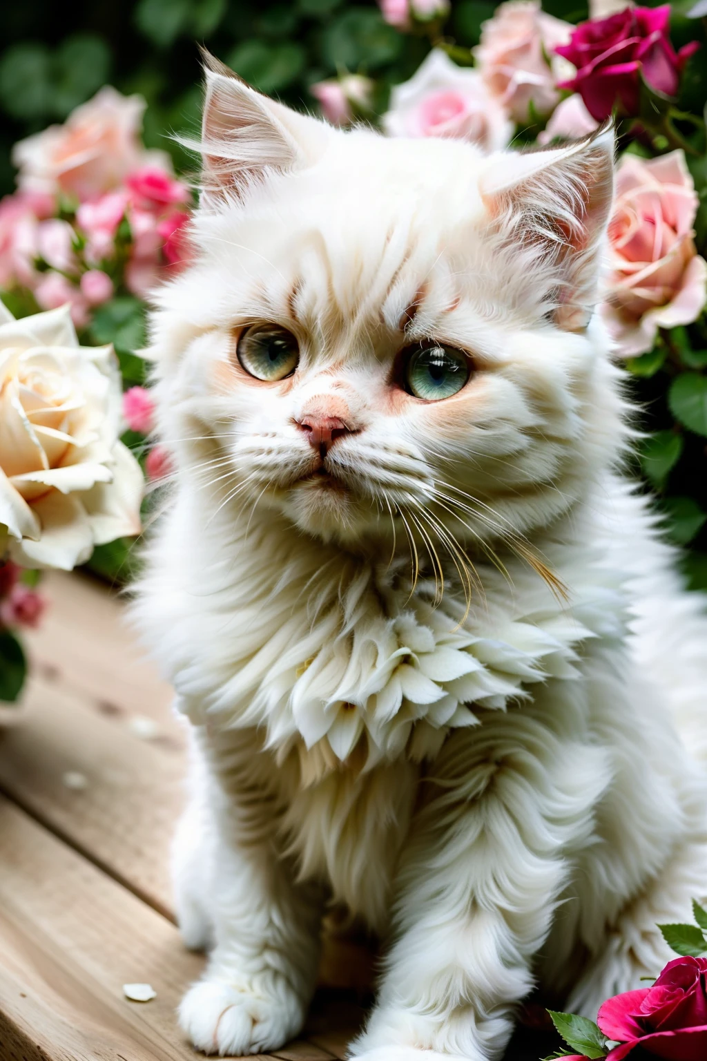 Masterpiece, fluffy white Persian kitten sitting next to roses, hyper-detailed, high-res photograph, opulent scene, adorable kitten with pink nose and blue eyes, soft and fluffy fur, intricately detailed roses with petals in various shades of red and pink, shallow depth of field, bokeh effect creating a dreamy background, light bloom adding a romantic and ethereal touch, professionally captured on Canon with a 50mm lens, 6K UHD, maximally detailed and ultra-realistic.