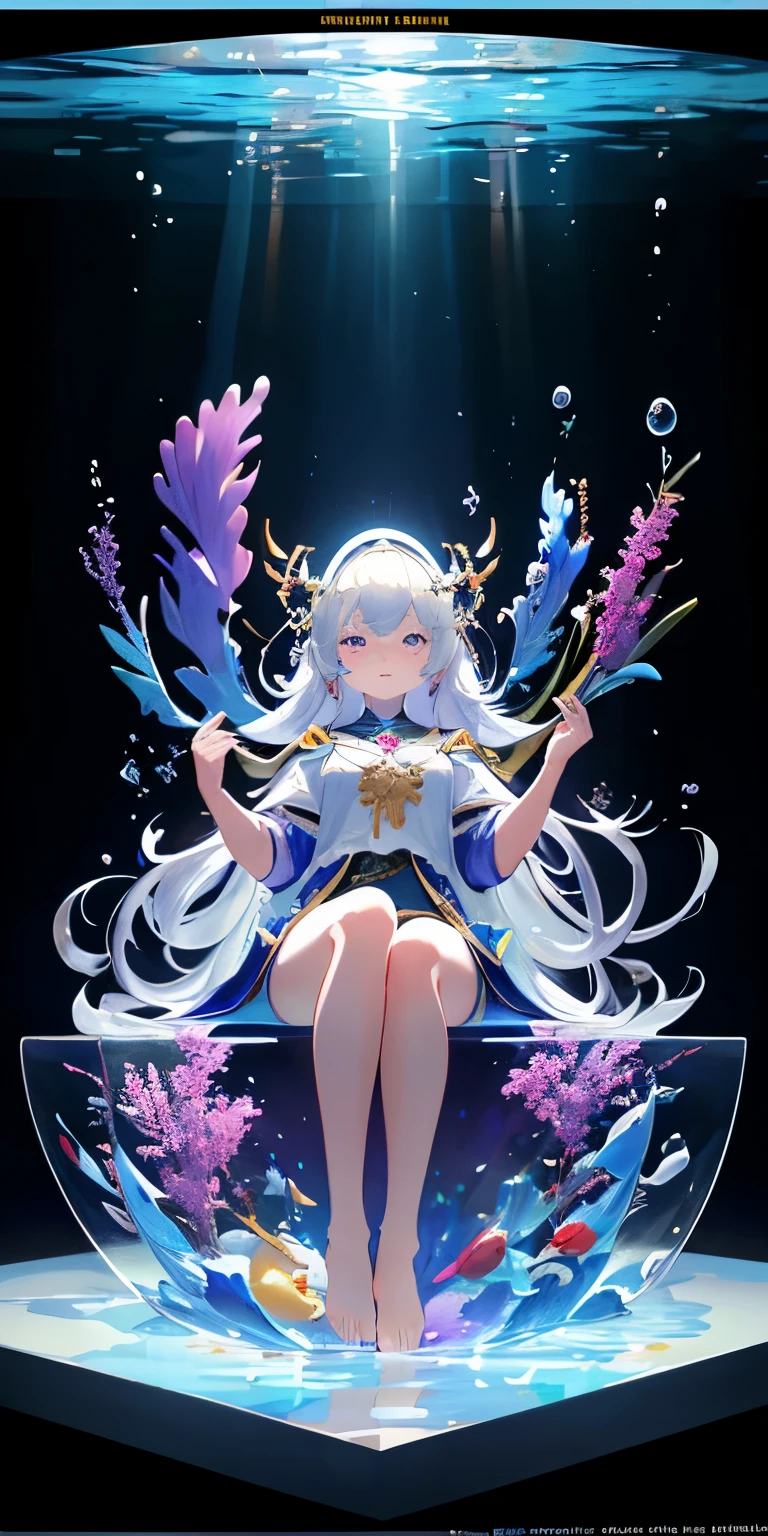 [(Transparent background:1.5)::5],(((masterpiece))),(((best quality))),(((extremely detailed))),illustration, 1girl,solo,mysterious,vivid color,shiny, underwater transparent sealed hemispherical glass dome, (white hair),(purple eyes), full body,barefoot,long hair tranquil nature, koi,Underwater, Dome,close up,Dynamic actions,Lens perspective,(((Box composition))),sit cross-legged and lean against the bookshel, volumetric lighting, multi-color eyes, detailed eyes, hyper detailed,light smile, highly detailed, beautiful, small details, ultra detailed, best quality, intricate, 4k, 8k, trending on artstation, good anatomy, beautiful lighting, award-winning,