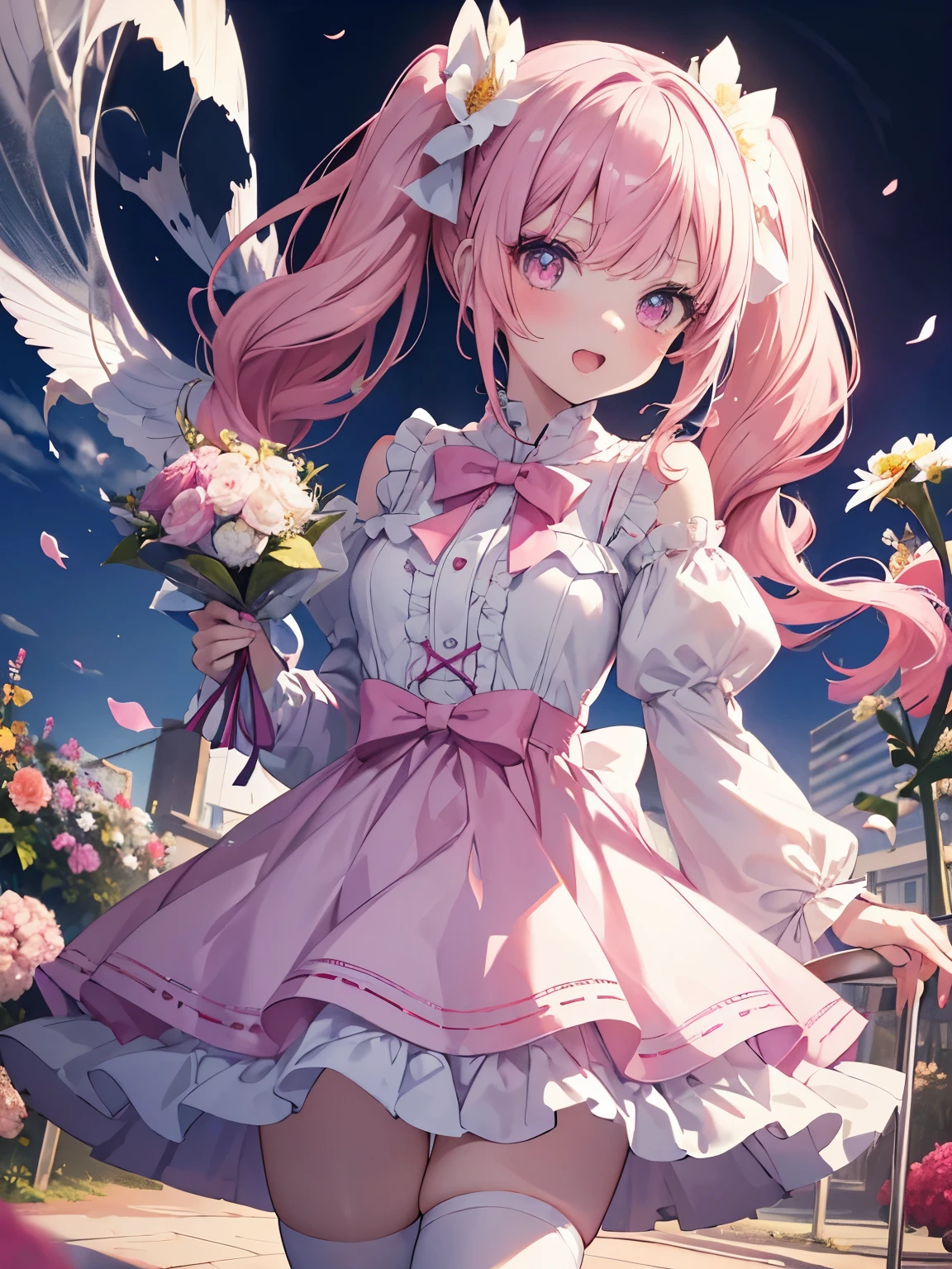 masutepiece, Highest Quality, (Perfect face:1.1), (high detailing:1.1), (ultradetailed eyes), Dramatic, superfine illustration, Extremely detailed,1girl in,teenager, (pale skin), Happy, Laugh, Enjoy, Cheerful,Open mouth,gloweyes,pinkhair, (long twintail),Ethereal eyes, pink eye,blush, Solo,Pouty lips,Cinematic lighting,Cowboy Shot, Looking at viewer, Lolita clothes, Pink and white,frilld, bow ribbon, Long sleeve,knee high socks, white backgrounid, holding a bouquet, flower garden