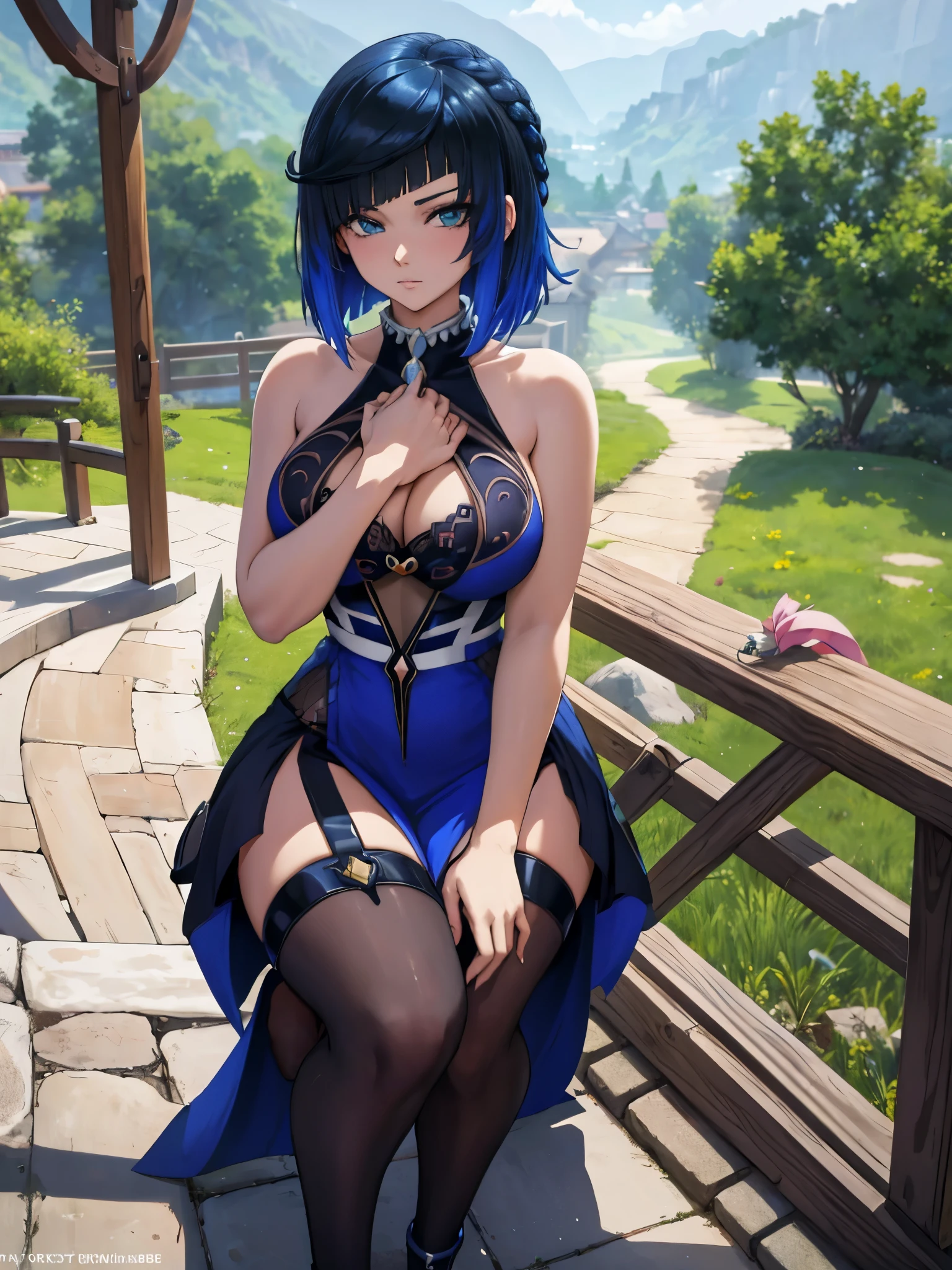anime girl with blue hair and black dress leaning on railing, seductive anime girl, beautiful alluring anime woman, smooth anime cg art, stylized anime, black - haired mage, anime moe artstyle, trending on cgstation, calm night. over shoulder shot, anime stylized, anime style. 8k, attractive anime girl, beautiful anime girl squatting
