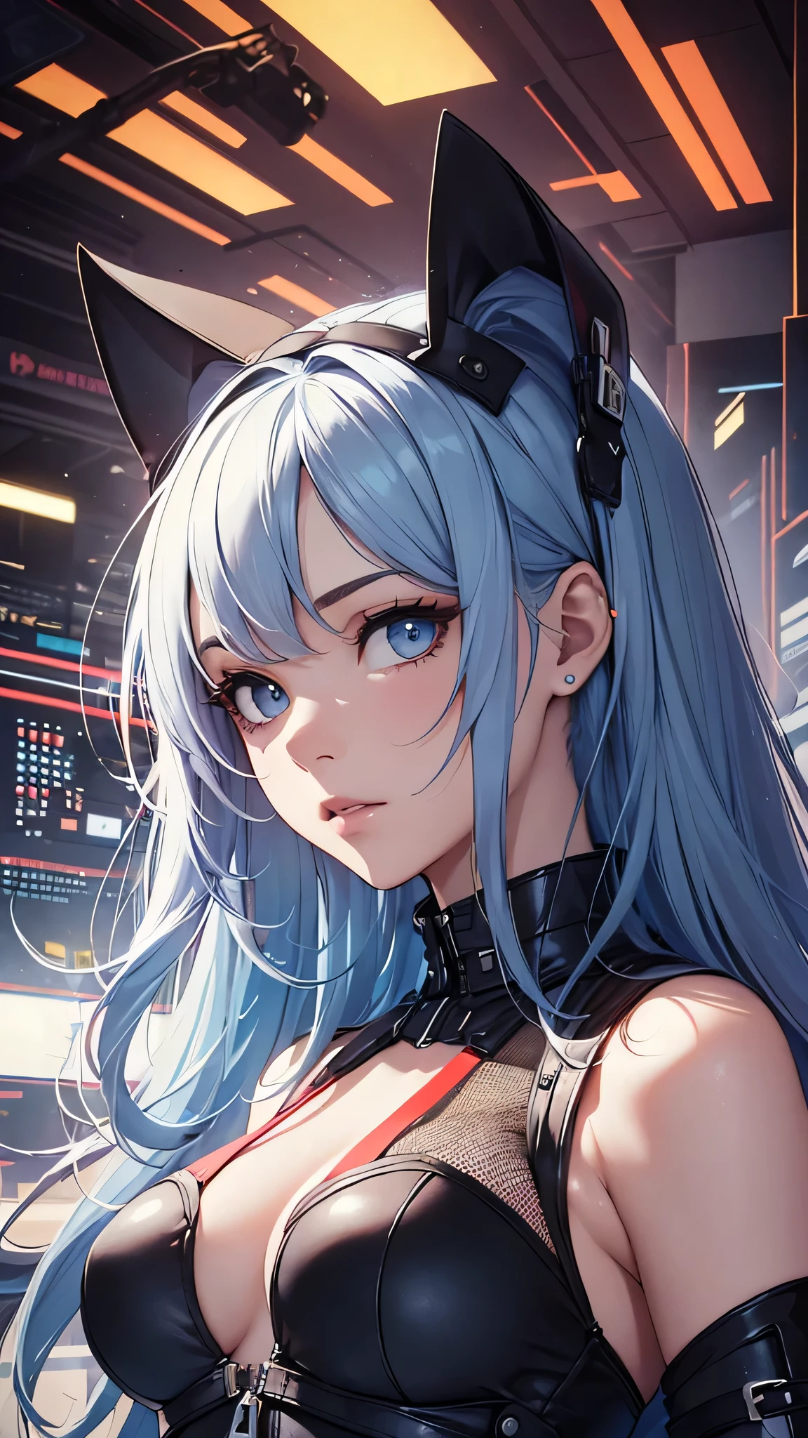 最high quality、best image quality、masterpiece、teenage girl((18-year-old、 By becoming、vest bust、medium bust,wide open breast tea、black eye, light blue hair、Red mesh、long hair、thin,highest valley、red mechanical body、Power cable)),high quality、beautiful art、background((Bright Institute))debris flies、Depth of written boundary、movie、visual art、perfect art、8K,genuine