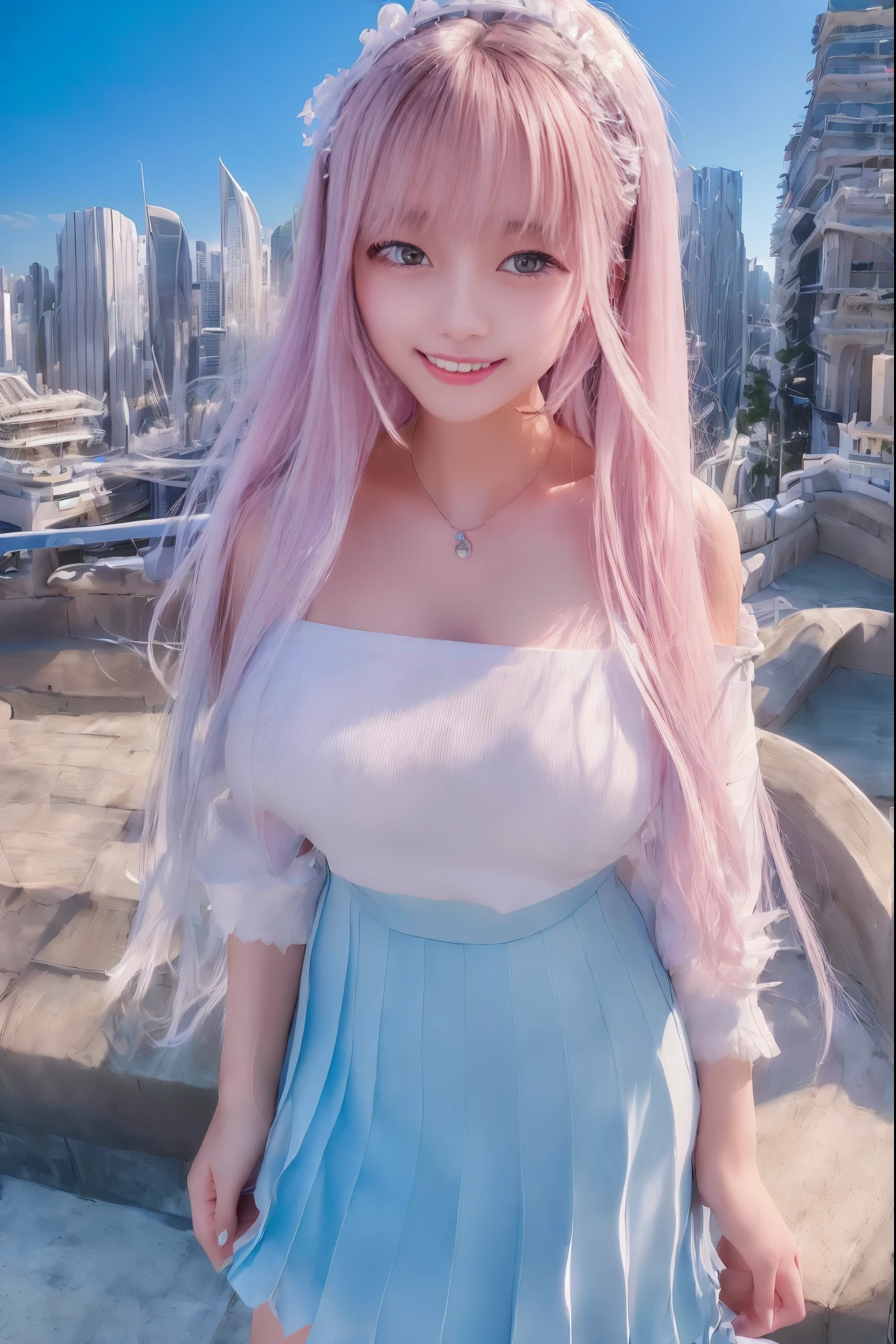 official art, masterpiece, sharp focus, (beautiful gorgeous cute korean woman:1.3), (beautiful and cute korean:1.3), korean beauty, Delicate and beautiful hair, eyes and face, realistic, Super detailed, beautiful girl, blue sky, white glowing particles, (side light:1.2), Light of the sun, White cloud, detailed clouds, thin, nice very big breasts and very big hips, smile showing teeth, ((smile with eyes, open both eyes)), scenery, long straight hair, sexy look, building, (cityscape:1.7), dynamic hair, long straight hair, fine platinum pink hair, blue glowing eyes, (blue pleated shirts + white skirt), white long socks, white skin, hair ornaments, epic scenery,