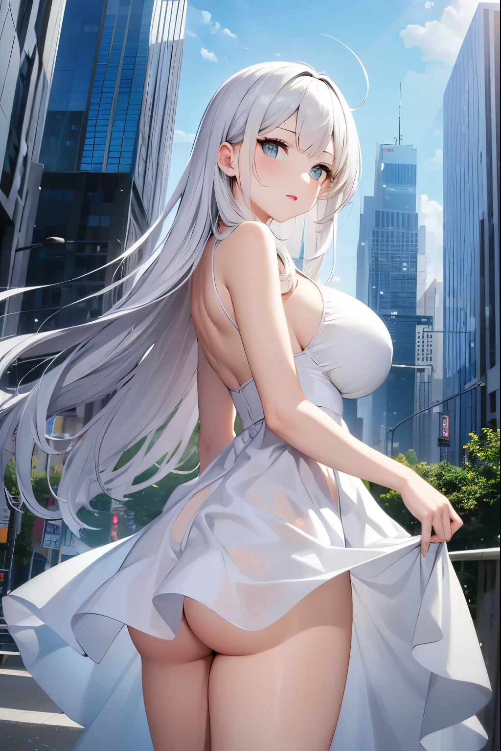 White dress、exposed、city、big breasts、white sundress、Transparent、nsfw、in front of people、Raise the height、race、woman