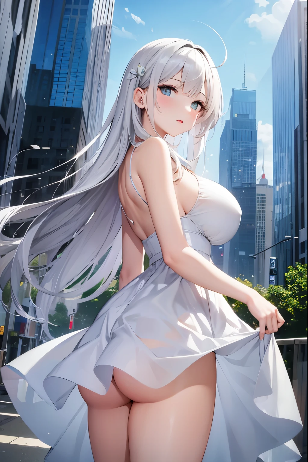 White dress、exposed、city、big breasts、white sundress、Transparent、nsfw、in front of people、Raise the height、race、woman