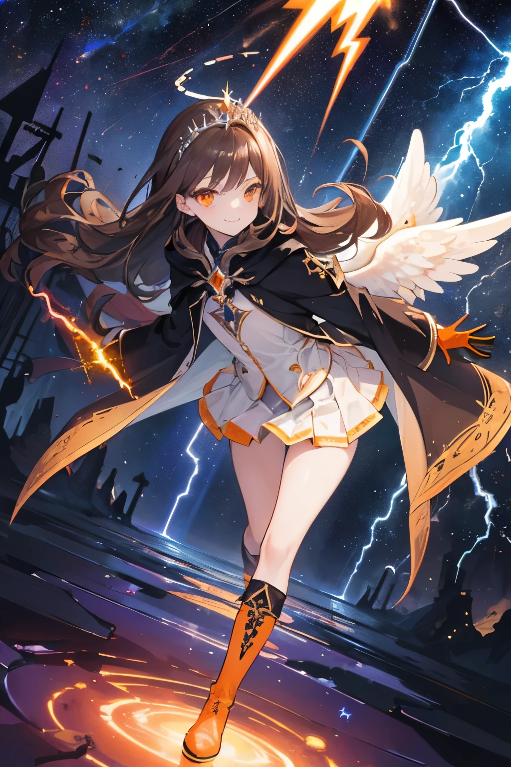 (((1girl))), ((best quality)), ((masterpiece)), ((ultra-detailed)), (illustration), (detailed light), (an extremely delicate and beautiful), (beautiful detailed eyes), (sunlight), ((extremely light)), ((extremely clothes)), (((hyper detail))),(((((front lighting))))),(((((front light))))),
((((quite adorable and much more erotic Warlock's robe with a brief skirt and magical tiara)))), (((Finest Ranked Warlock))),
,
((wavy long hair)), ((((dark brown hair)))), (((long hair))),
(((deep orange eyes))), (((tiny adorable angel wings))), (((angel halo))),
(((whole body))), aged 8 to 12, ((((())))),
((condescending expression)), ((mischievous smile with sexual satisfaction)), (((extra adorable))), (((((extra slender shape))))),
(((extremely beautiful detailed face))), (((surrounded by many planets in Space))),
(((((supre dynamically and bravely attacking enemies by a spell of Divine Lightning Laser Stream of Final Heavenly Judgement))))), (((elegant magic boots))),
(((((Dutch angle))))), (((magical colored gloves))), ((transparent magical underskirt)), (a little bit exposed magical colored panties)
