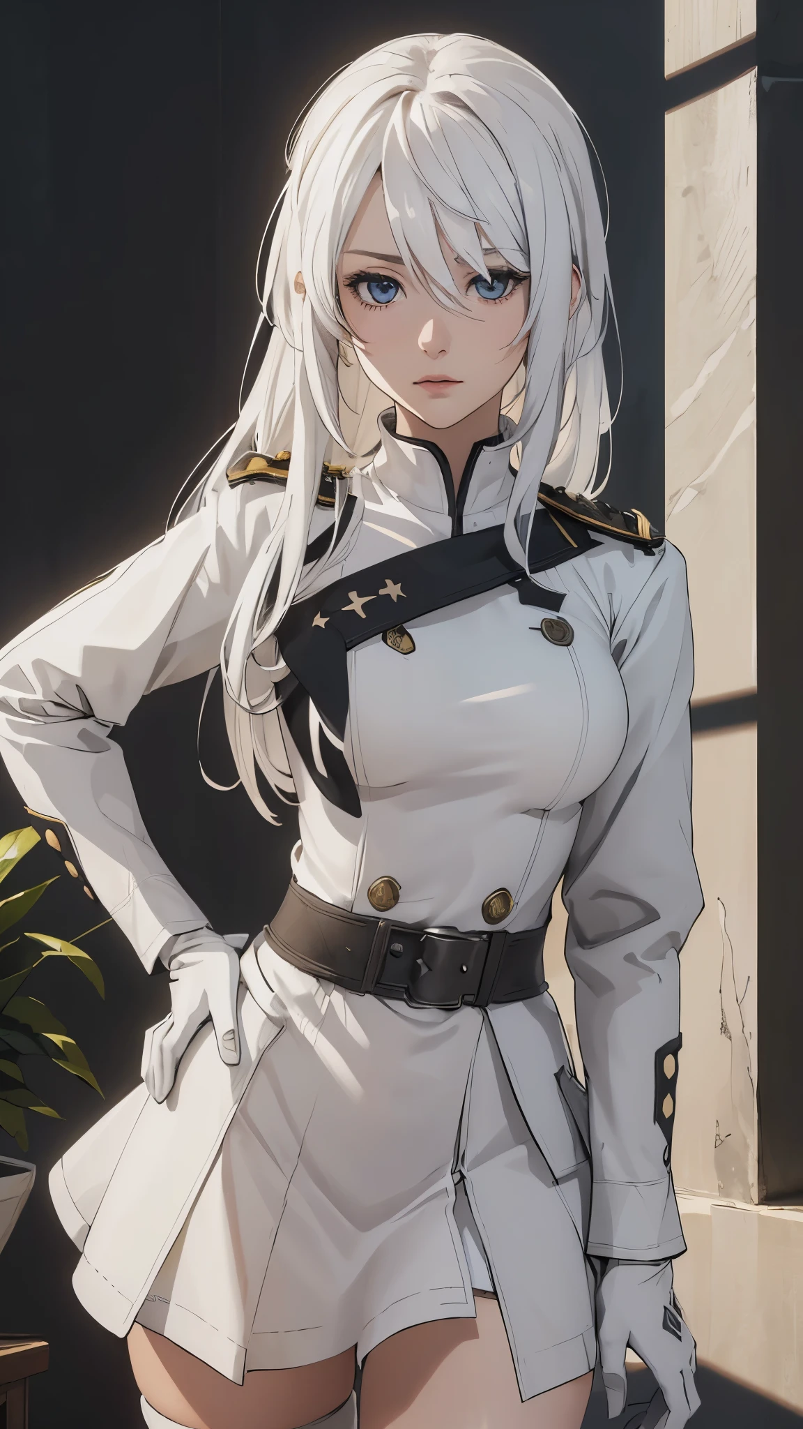 (extremely detailed CG unity 8k wallpaper), (masterpiece), (best quality), (ultra-detailed), (best illustration), (best shadow), (absurdres), 2b, 1girl, long hair, normal size , white hair, Intimidating women, admiral uniform, night, hero pose, white clothes, General Uniform, Military Uniform, Sunlight, exposed to sunlight,commander, cape, fighting, ((beautiful fantasy girl)), (Master Part: 1.2), Best Quality, High Resolution, photorealestic, photogenic, Unity 8k壁纸, perfect lighting, (perfect arms, perfect anatomy) beatiful face, intricate details, Detalhes realistas, the anime, The Perfect Girl, perfect details, Ultra HD |, 8K, Professional photo(extremely detailed CG unity 8k wallpaper), (masterpiece), (best quality), (ultra-detailed), (best illustration), (best shadow), (absurdres), 2b, 1girl, long hair, normal size , white hair, admiral uniform, night, hero pose, white clothes, General Uniform, Military Uniform, Sunlight, exposed to sunlight, commander, black clothes, happy expression