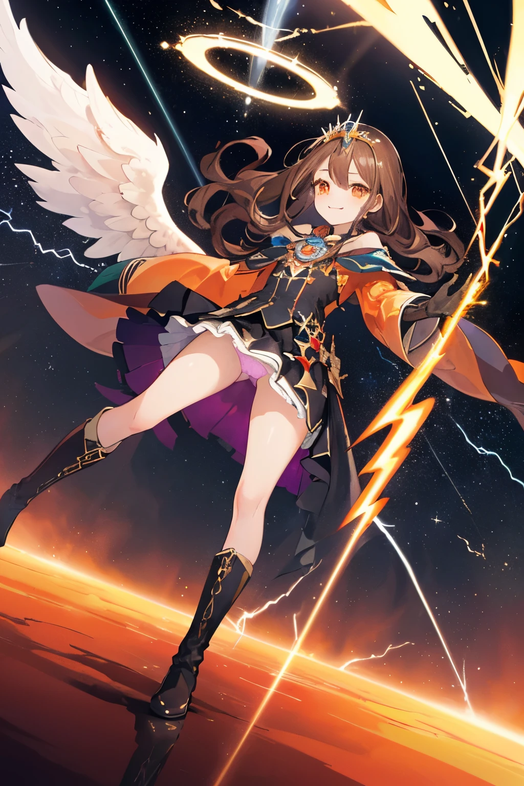 (((1girl))), ((best quality)), ((masterpiece)), ((ultra-detailed)), (illustration), (detailed light), (an extremely delicate and beautiful), (beautiful detailed eyes), (sunlight), ((extremely light)),  ((extremely clothes)), (((hyper detail))),(((((front lighting))))),(((((front light))))),

((((quite adorable and much more erotic Warlock's robe with a brief skirt and magical tiara)))), (((Finest Ranked Warlock))),
, 

((wavy long hair)), ((((dark brown hair)))), (((long hair))),
(((deep orange eyes))), (((tiny adorable angel wings))), (((angel halo))),

(((whole body))), aged 8 to 12, ((((())))),
((condescending expression)), ((mischievous smile with sexual satisfaction)),  (((extra adorable))), (((((extra slender shape))))), 
(((extremely beautiful detailed face))), (((surrounded by many planets in Space))), 
(((((supre dynamically and bravely attacking enemies by a spell of Divine Lightning Laser Stream of Final Heavenly Judgement))))), (((elegant magic boots))),

(((((Dutch angle))))), (((magical colored gloves))), ((transparent magical underskirt)), (a little bit exposed magical colored panties)