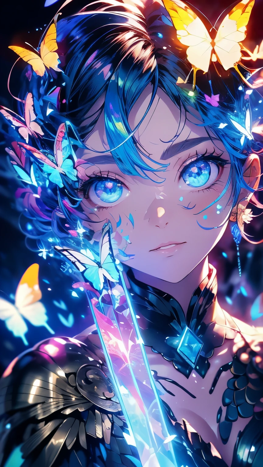 Enchanted mystical girl, neon-colored butterflies, golden mini fairies, glowing mushrooms releasing pollen, (ultra-realistic), {extremely detailed 8k CG unit wallpaper}, (a low view that prioritizes the entire scene), (wide open field view), (low angle shot), (high light: 1.5), (low light: 1.0), (warm light source: 1.0), complex details, (iridescent colors: 1.5), (bright lighting), (atmospheric lighting), nature, magical