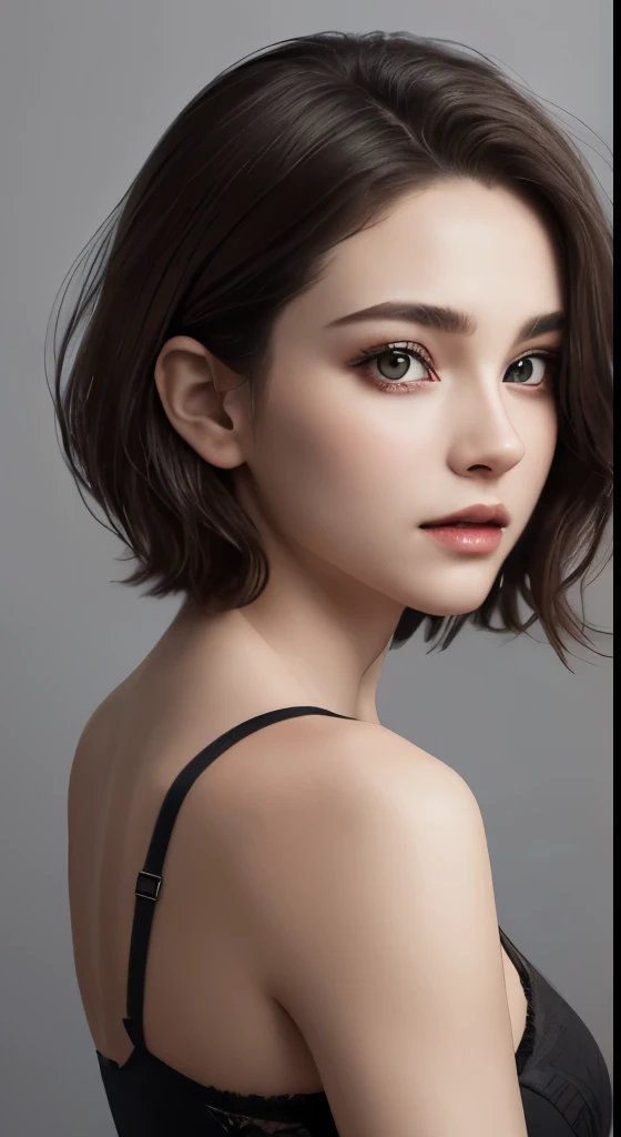 cinematic lighting、perfect、soft light、High resolution skin:1.2、realistic skin texture、30 year old mature woman、small face、no makeup、Bust B Cup、beautiful little brown eyes、short hair、dark brown hair、Cool beauty、gray background