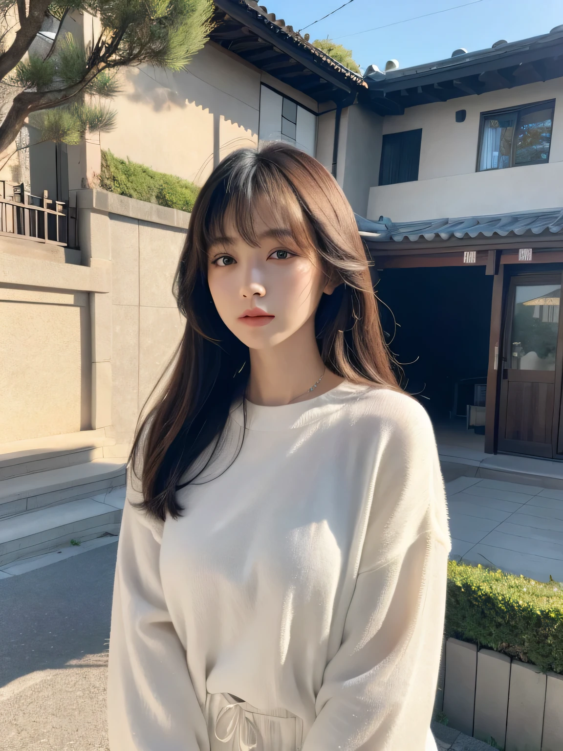 on the table, Highest image quality, high quality, beauty of japanese girl, Cute of big breasts, Intaglio idol diagram, Detailed of, Meticulous eyes, Delicate skin, beautiful skin, Super high resolution, (actual of: 1.4),Itof beautiful, The face is slightly younger, beautiful skin, elongated, (Surrealism), (high resolution), (8k), (非常Detailed of) (美丽Meticulous eyes), (Super detailed), (wallpaper), (Detailed of脸), looking at the audience, Detailed of, Detailed of脸, sad, of, long-sleeves sweater, Pants, look straight ahead, look straight ahead, from waist up of angle, Shoot real, bright of lights, professional lighting, mature of woman, (brown hair, bob hair, layered cutting, Swaying in the wind, through bangs),
