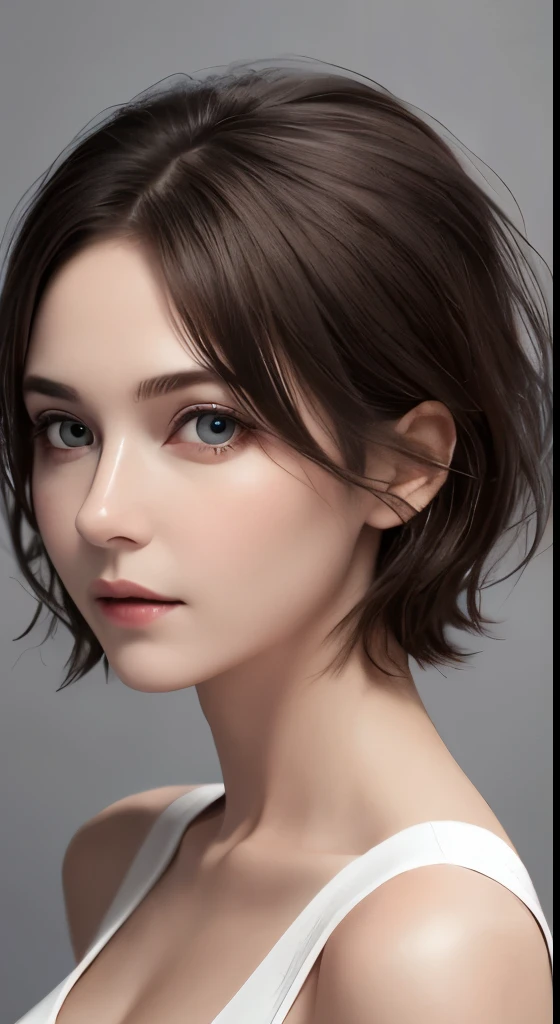 cinematic lighting、perfect、soft light、High resolution skin:1.2、realistic skin texture、30 year old mature woman、small face、no makeup、Bust B Cup、beautiful little brown eyes、short hair、dark brown hair、Cool beauty、gray background