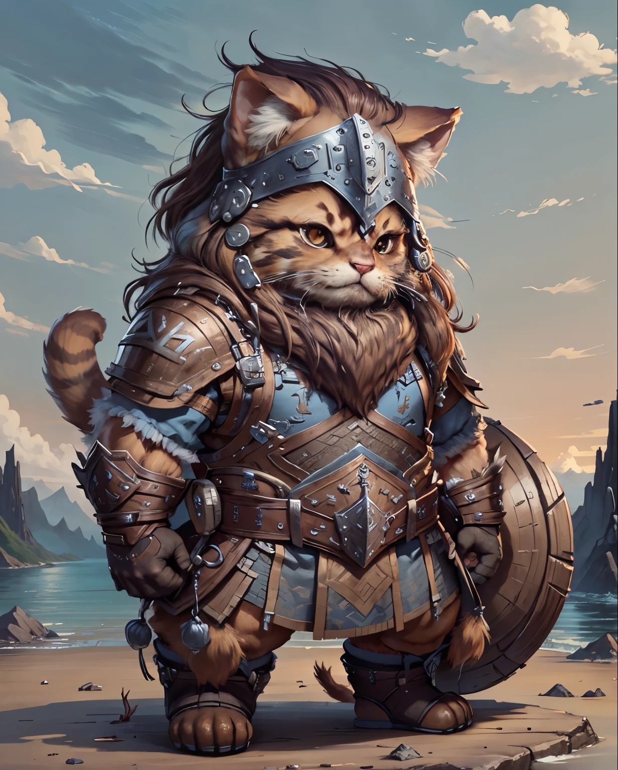 c4tt4stic, brown hair cat wearing blue ancient viking clothing. standing, full body shot, 150cm height, stunning style. background nordic mountains.