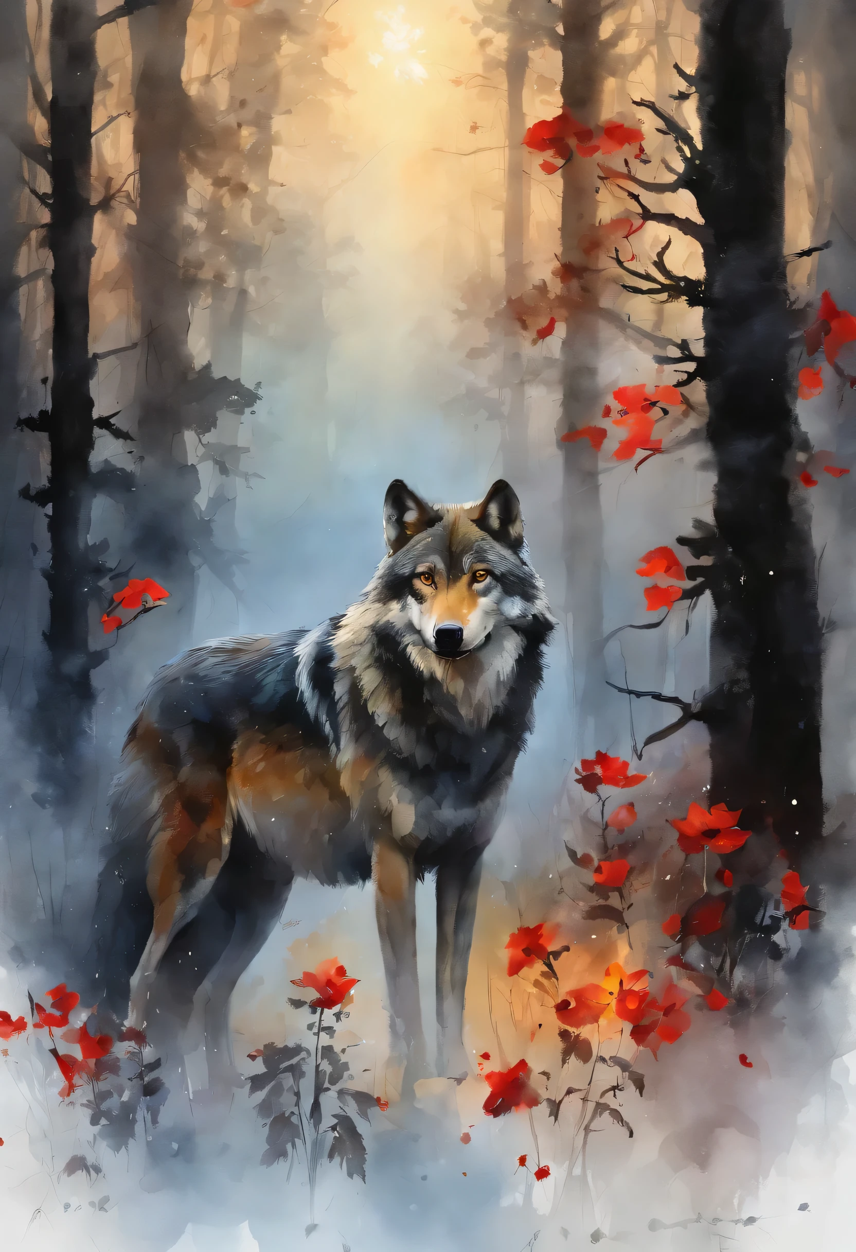 "((Masterpiece)) wolf in ((Foggy)) ,((Magical Dark Forest :1.2))in the late twilight, with ((Strong dark shadows, Recommended for the scene:1.2)), Glowing Magicwolf ,red glowing flowers ,((Glowing butterfly )), Beautiful magical style, Golden reflection of water,fierce, Concept art, Digital Painting."
