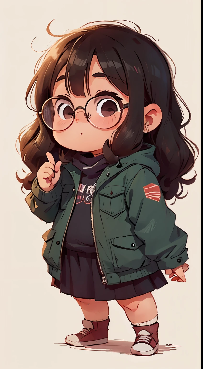 cheerful, Fat chibi girl,  black eyes wearing glasses, Wear a coat,long curly hair