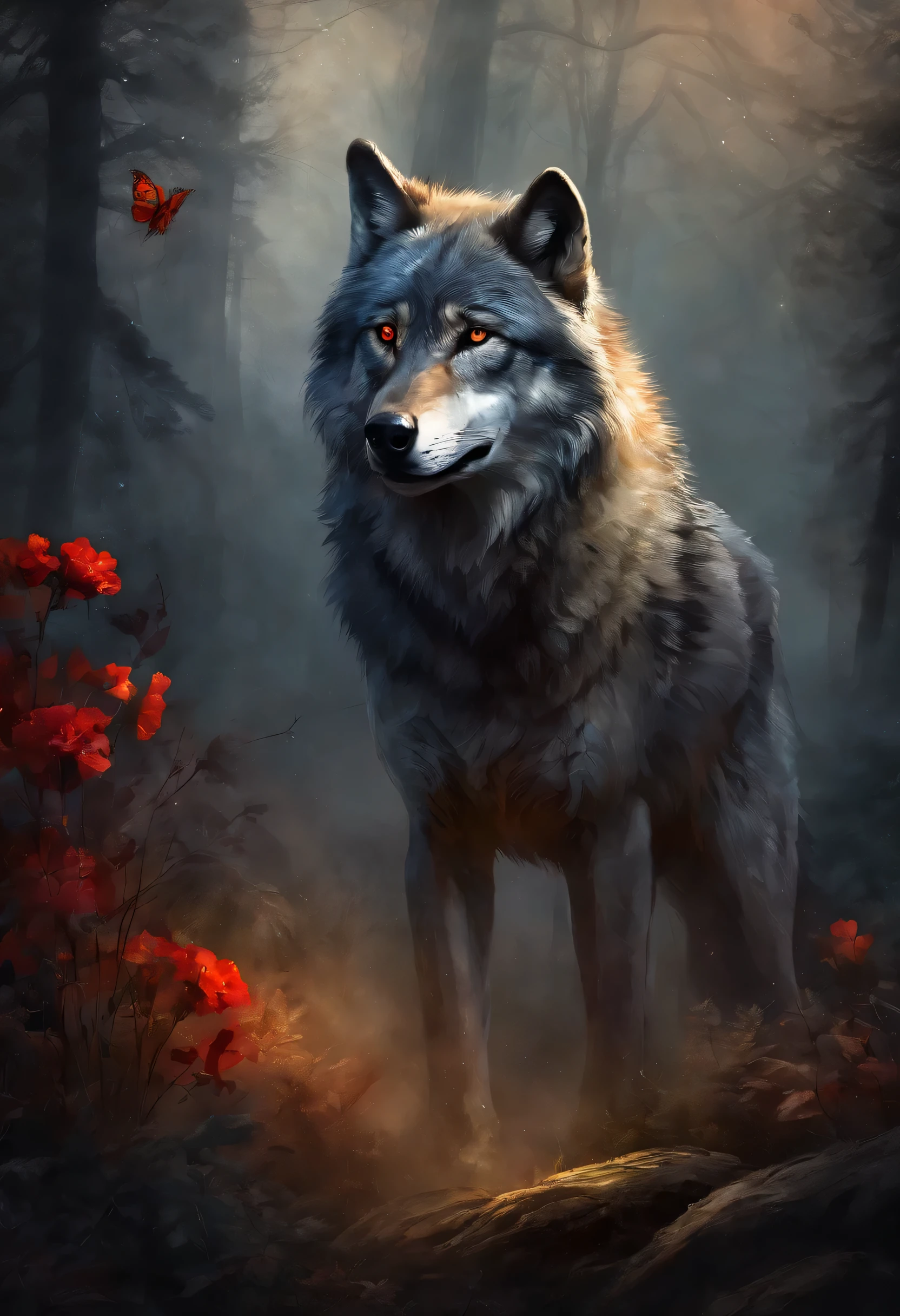 "((Masterpiece)) wolf in ((Foggy)) ,((Magical Dark Forest :1.2))in the late twilight, with ((Strong dark shadows, Recommended for the scene:1.2)), Glowing Magicwolf ,red glowing flowers ,((Glowing butterfly )), Beautiful magical style, Golden reflection of water,fierce, Concept art, Digital Painting."
