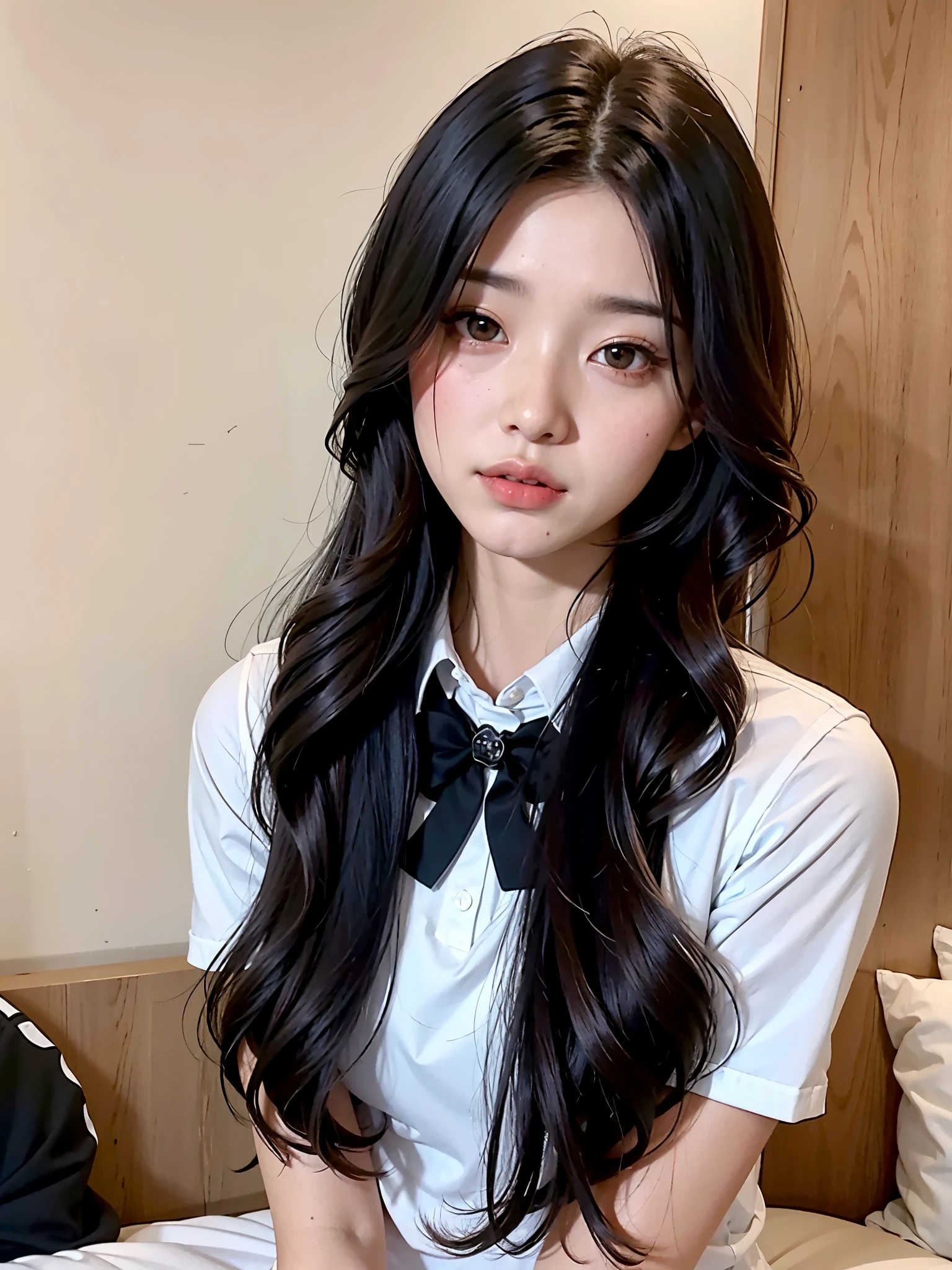 Araffe Asian woman with long black hair, vistiendo una camisa blanca y pajarita negra., jaeyeon nam, joven y adorable rostro coreano, ulzzang, pelo cortado hime negro, pale korean adorable face, pelo negro largo ondulado, pelo largo y negro ondulado, female korean idol portrait, con cabello largo, muchacha coreana, con cabello largo and piercing eyes