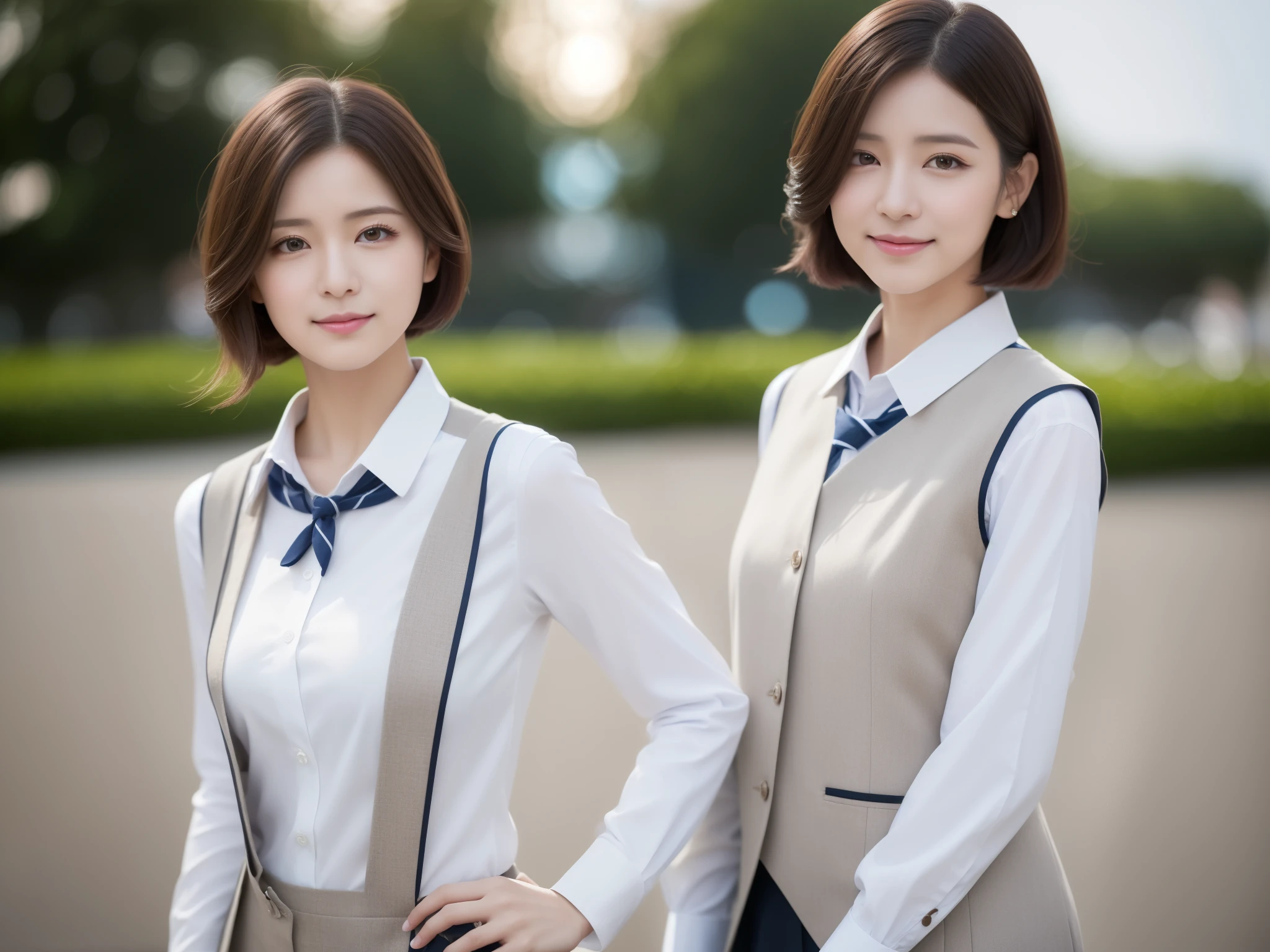 best quality, Looks like a whole body，sophisticated facial features，realistic骨格、cute face，28 year old woman，slim body shape，brown short bob、OL制Clothes，black lenth stockings，Stand up straight、ribbon tie、チェックのvest、1 person、solo、sexy shot looking at camera(realistic, photo-realistic:1.37), (masterpiece), (highest quality:1.4), (ultra high resolution:1.2),(RAW photo:1.2), (sharp focus:1.3), (face focus:1.2), vivid details, hyperrealistic, elegant, cute,cute, (1 female, alone), french twist, droopy eyes, long eyelashes,eye shadow,eyeliner,(smile), ((Clothes: 会社員の制Clothes.):1.37), simple background, ((,Bokeh):1.37), white long sleeve collared shirt,vest,ribbon tie.