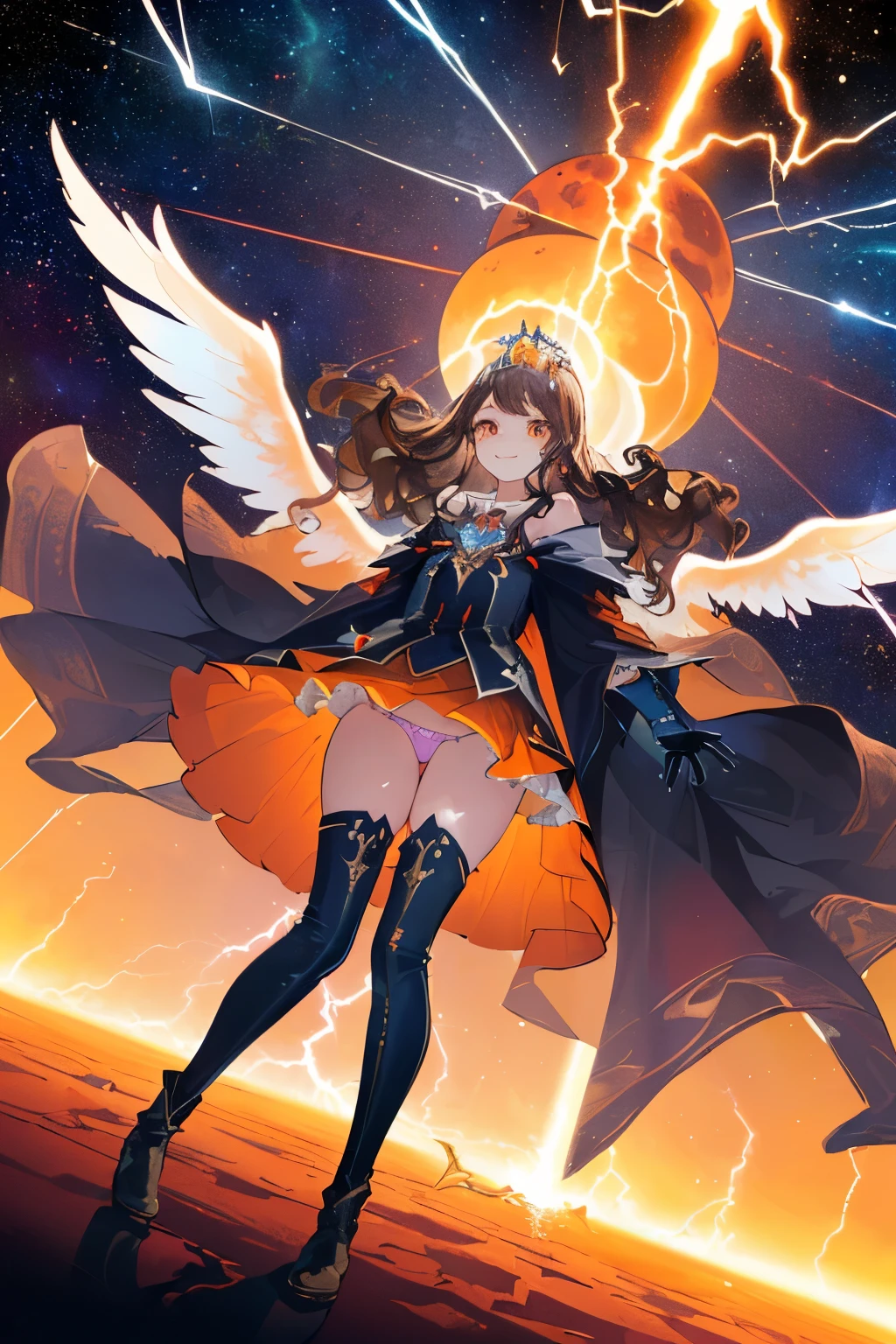 (((1girl))), ((best quality)), ((masterpiece)), ((ultra-detailed)), (illustration), (detailed light), (an extremely delicate and beautiful), (beautiful detailed eyes), (sunlight), ((extremely light)), ((extremely clothes)), (((hyper detail))),(((((front lighting))))),(((((front light))))),
((((quite adorable and much more erotic Warlock's robe with a brief skirt and magical tiara)))), (((Finest Ranked Warlock))),
,
((wavy long hair)), ((((dark brown hair)))), (((long hair))),
(((deep orange eyes))), (((tiny adorable angel wings))), (((angel halo))),
(((whole body))), aged 8 to 12, ((((())))),
((condescending expression)), ((mischievous smile with sexual satisfaction)), (((extra adorable))), (((((extra slender shape))))),
(((extremely beautiful detailed face))), (((surrounded by many planets in Space))),
(((((supre dynamically and bravely attacking enemies by a spell of Divine Lightning Laser Stream of Final Heavenly Judgement))))), (((elegant magic boots))),
(((((Dutch angle))))), (((magical colored gloves))), ((transparent magical underskirt)), (a little bit exposed magical colored panties)