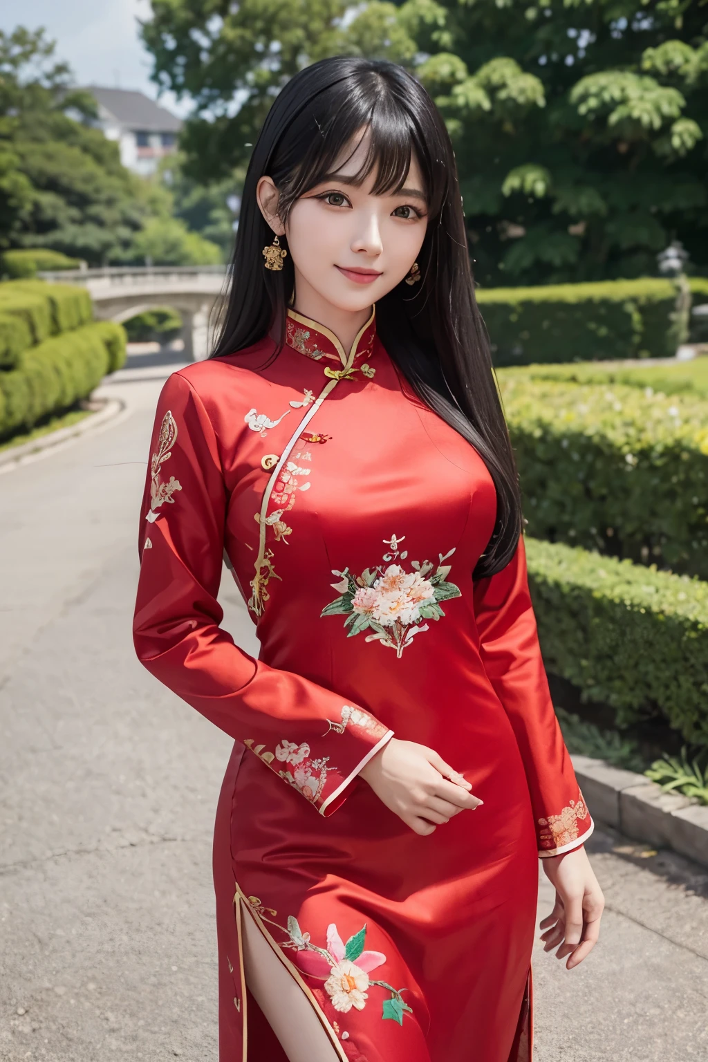 K-pop Idol、black hair、With bangs、smile、sexy body、red sexy cheongsam、embroidered with floral patterns、on the bridge in the garden、standing looking at me