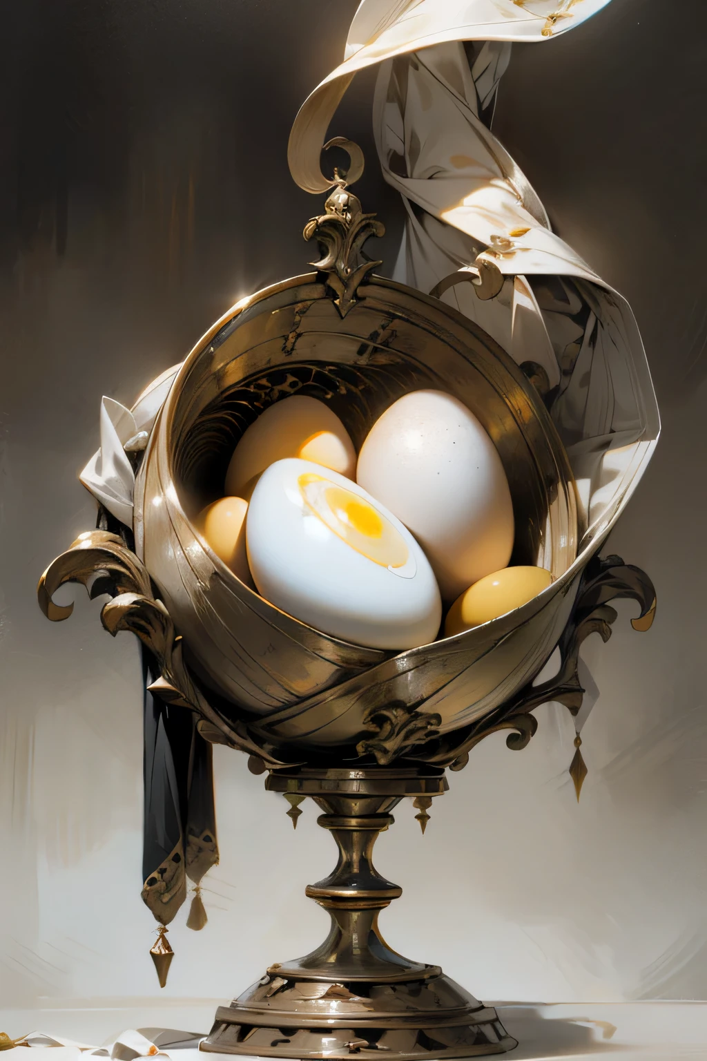 "Surrealist tableau, An enigmatic egg sits alone on a pristine table, Scene devoid of humans, Hyper-realistic rendering, 8k resolution, Detailed still life painting, typical of Dutch Masters, Reminiscent of works by Vermeer or Sustana, Soft lighting illuminates the intricately textured shell, Egg's ethereal glow adds an air of mystery, Imagery evokes a sense of curiosity and wonder."