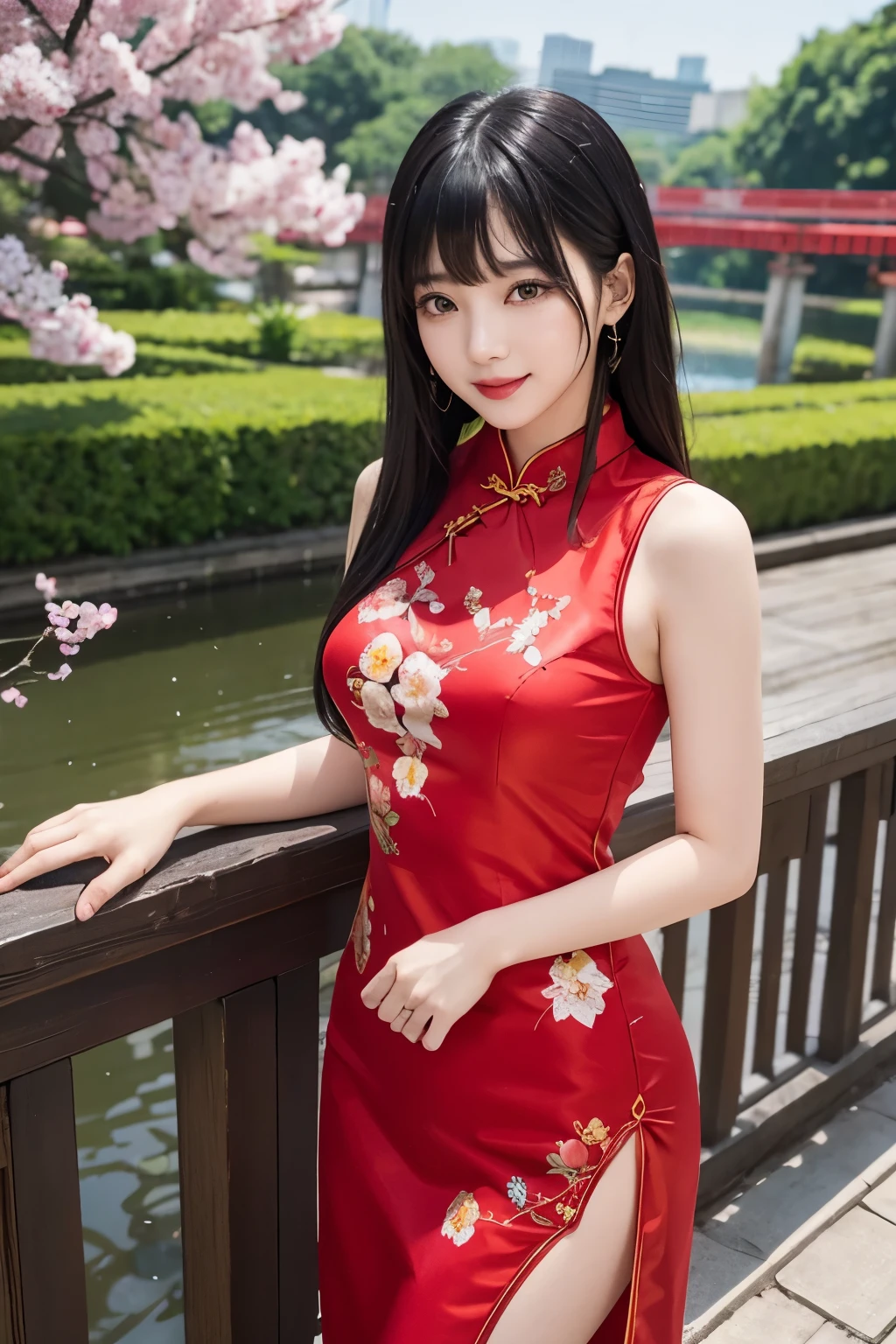 K-pop Idol、black hair、With bangs、smile、sexy body、red sexy cheongsam、embroidered with floral patterns、on the bridge in the garden、standing looking at me