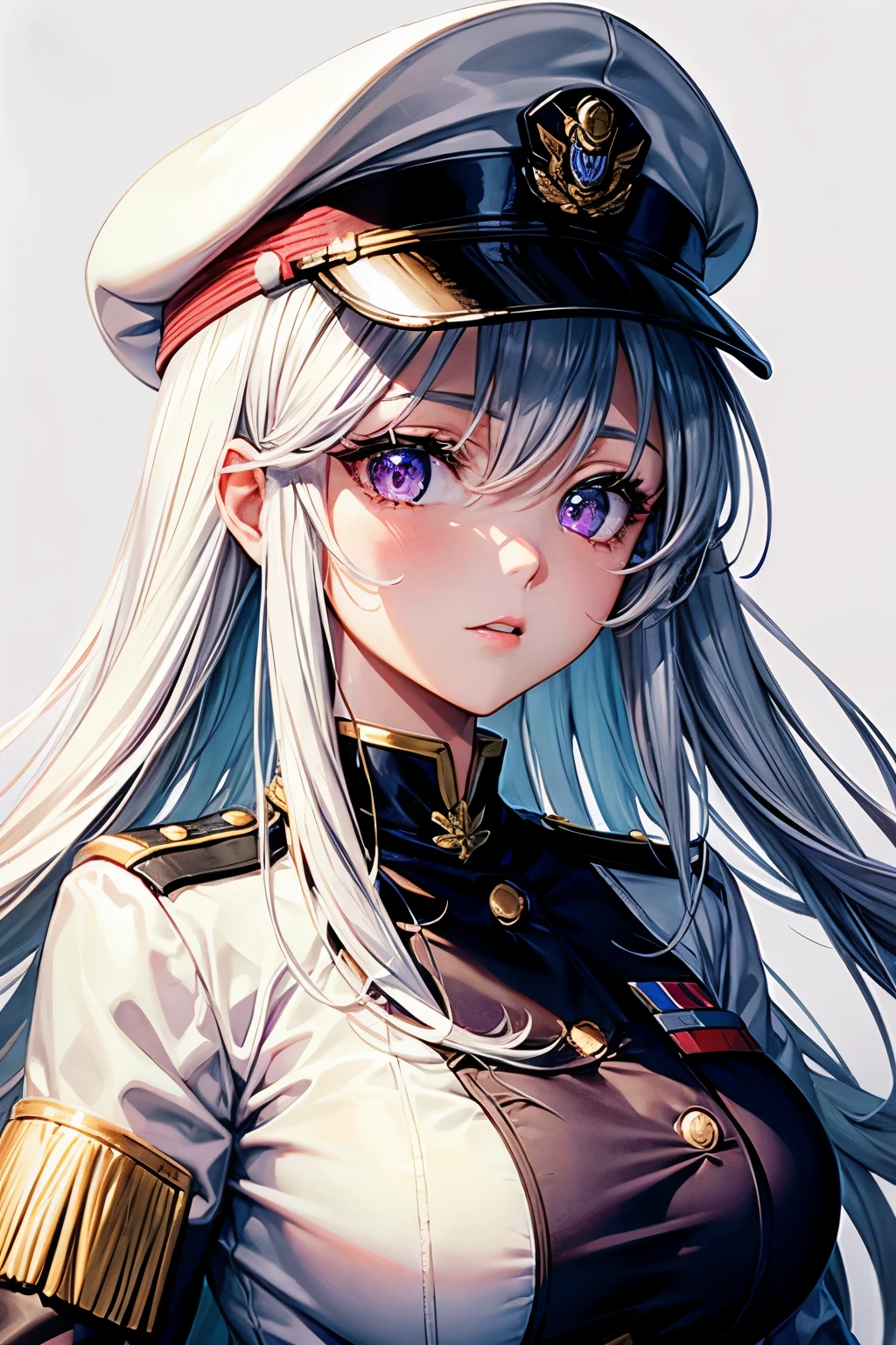 anime girl military uniform and hat, best quality, high resolution, very fine texture, cute and beautiful facial details, long white hair, bright purple big eyes, eye liner, double eyelids, big breasts.