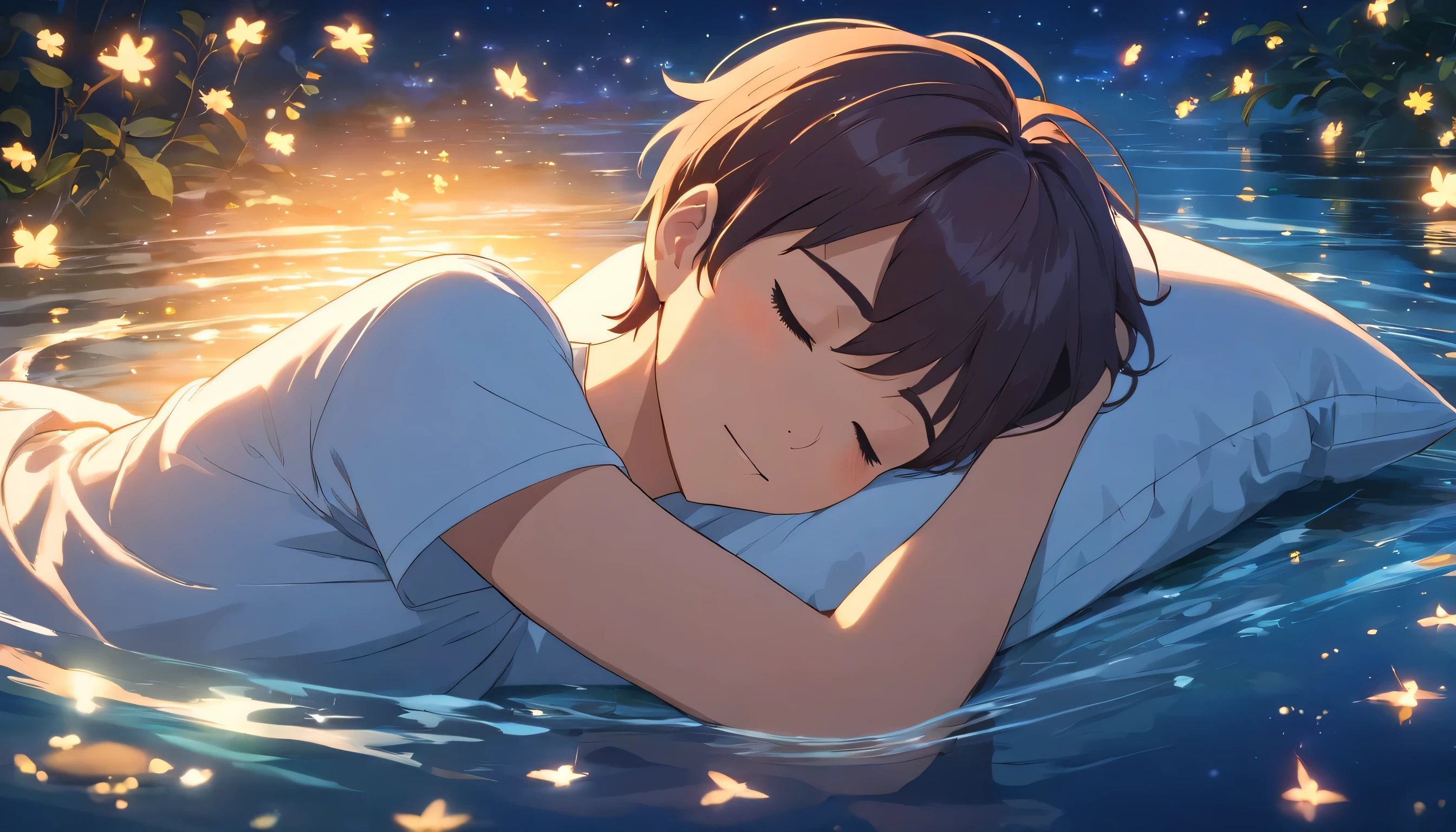 sleeping on the water, Lying on the water, sleep, Handsome man wearing a white t-shirt, use a pillow, close one&#39;s eyes, short hair, laughing, night, shooting star, Fireflies